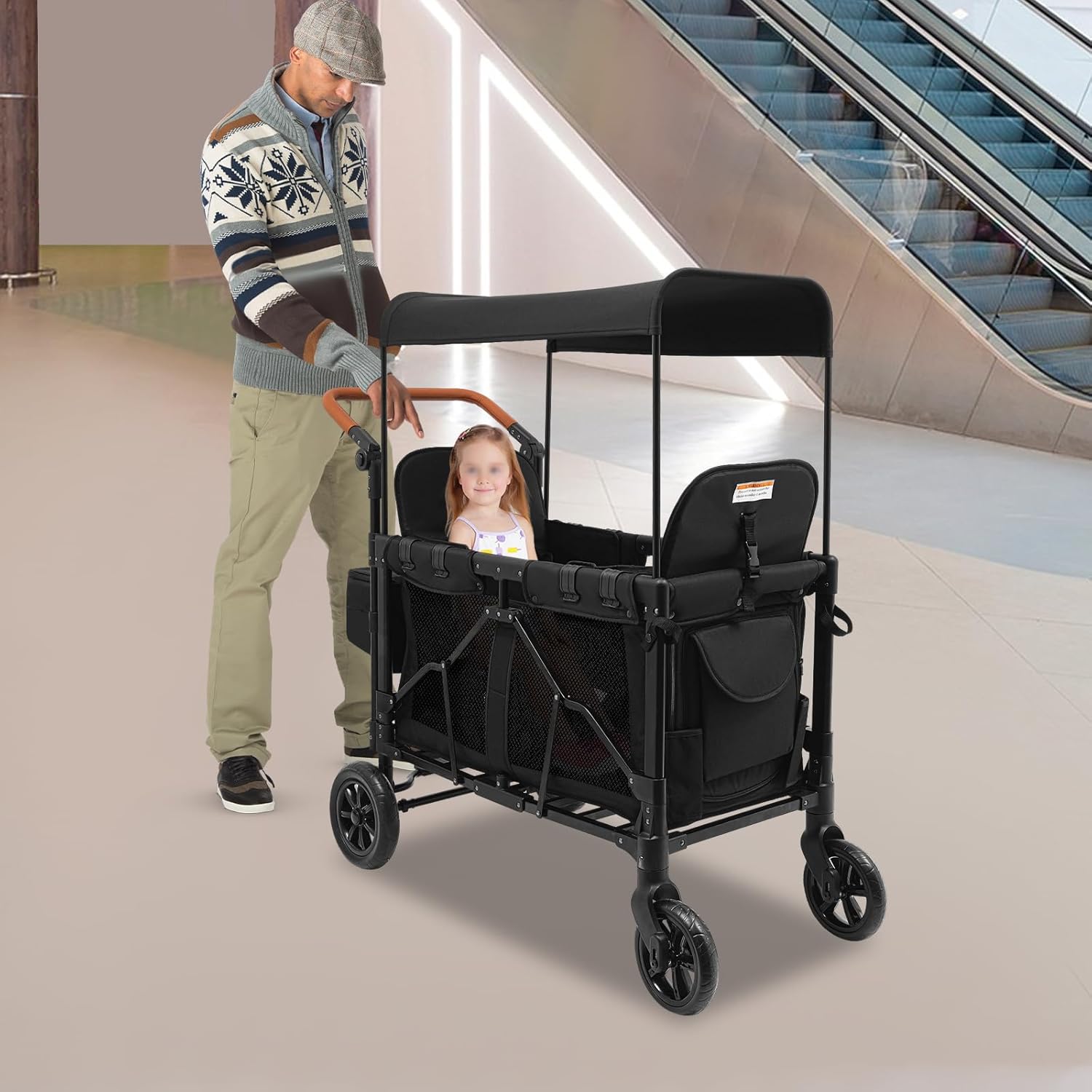 Stroller Wagon for 2 Kids, Wagon Cart with 2 High Seat & 4 Wheels, Foldable Wagon Stroller with 5-Point Harnesses for Garden Beach Camping Sports, Utility Cart with Side Pockets