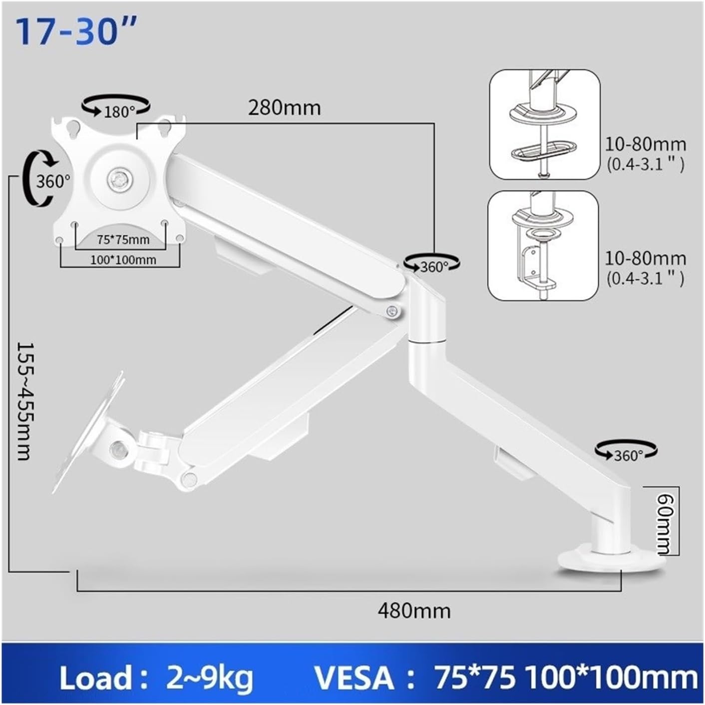 17-34 inch desktop gas spring LCD LED monitor stand articulated arm full-motion support rod TV tilt stand long stand computer stand M5(M5 White)