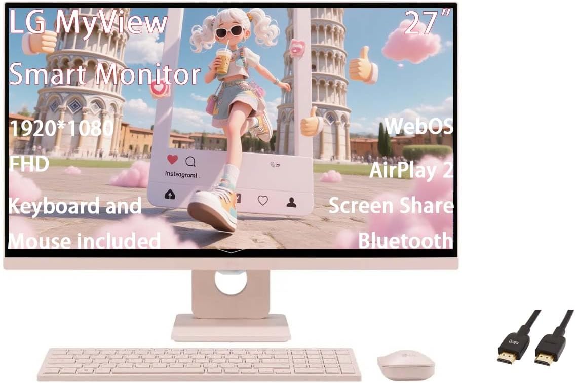 LG MyView Smart Monitor 27 inch, with Wireless Keyboard and Mouse, 16:9 FHD IPS, AirPlay 2, Screen Share, Bluetooth, Built-in Speakers(x2), USB-A, WebOS, HDR 10, 60hz, 5ms, with 5ave HDMI1