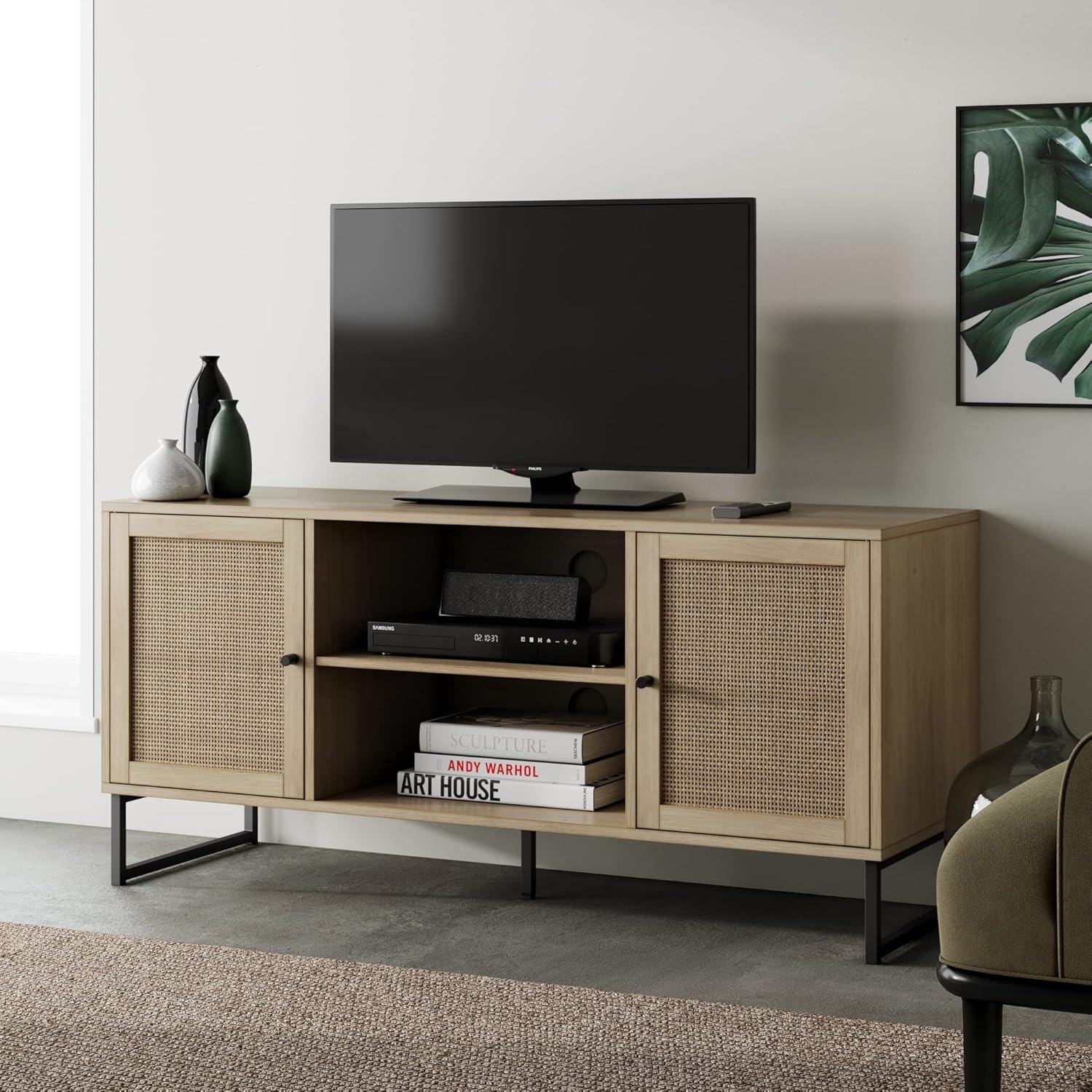 Nathan James Theo 6-Shelf Tall Bookcase, Wall Mount Bookshelf & 74101 Mina Modern TV Stand, Entertainment Cabinet, Media Console