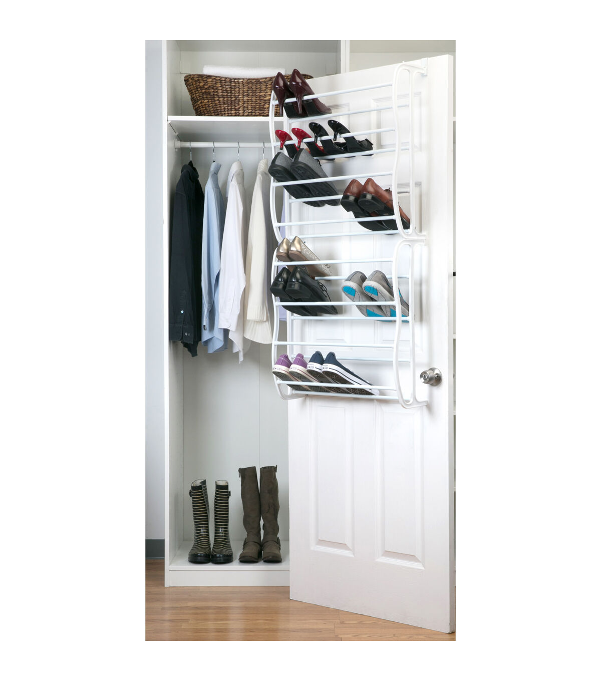 Simplify 71 White 36 Pair Adjustable Over the Door Shoe Rack