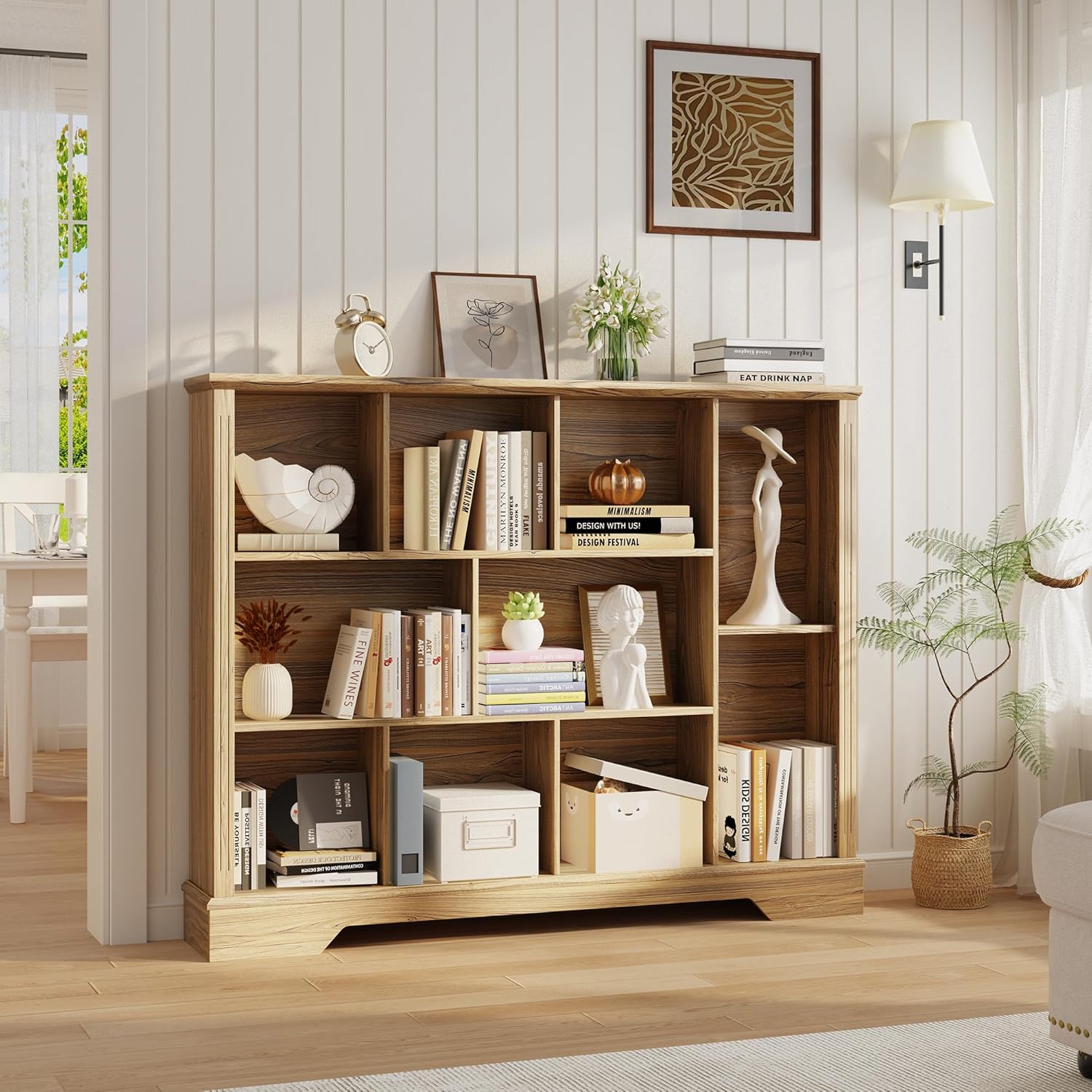 Vividwood 10-Cube Storage Organizer Bookshelf, 4-Tier Wooden Bookcase with Adjustable Shelf, Sturdy Cube Storage Shelf for Small Spaces, Modern Low Profile Shelving Unit for Living Room & Bedroom