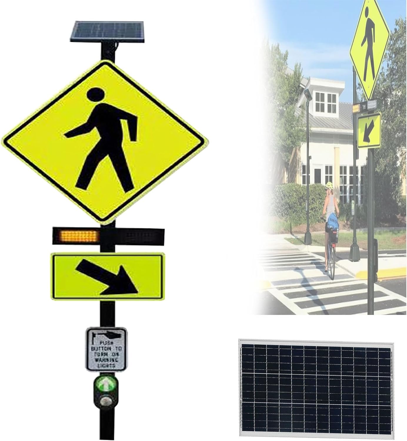 Flashing LED Pedestrian Crossing Sign - Traffic Blinking Warning Sign, with Reflective Aluminum Frame for School Zones & Crosswalks - Durable & Highly Visible(Medium)