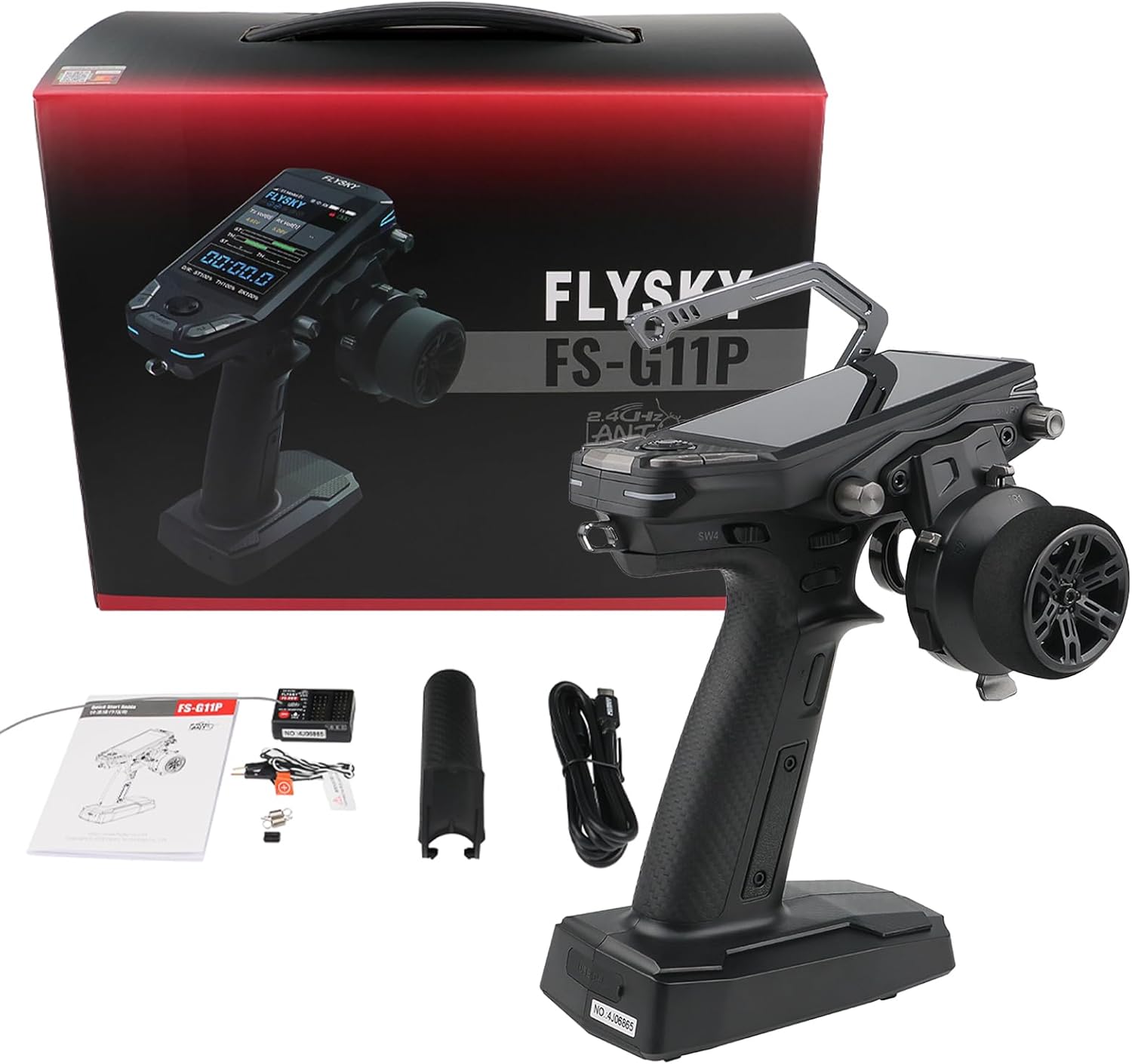 FS-G11P Flysky Transmitter, 2.4GHz 11CH Transmitter with FS-R11P Receiver Combo, IPS Display, Colorful Lighting Control, Ultra-Low Energy Consumption Suitable for ANT Models RC Toys