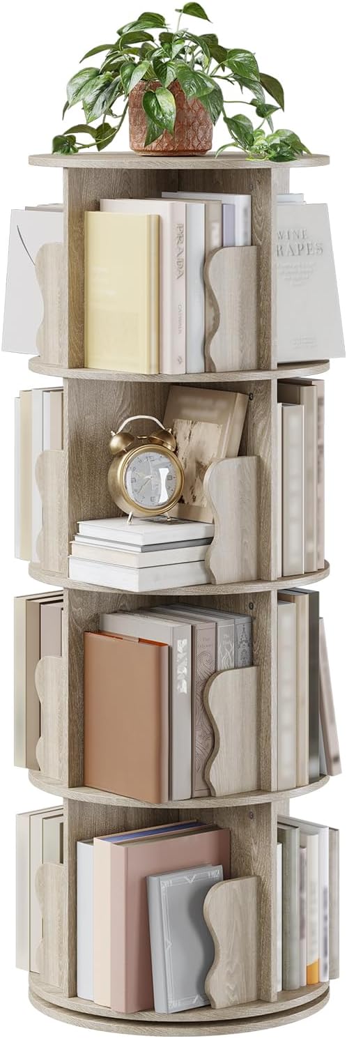 Rotating Bookshelf, 360 Display Spinning Bookshelf Tower, 4 Tier Floor Standing Bookcase Storage Rack, Revolving Bookcase Wood Narrow Book Shelf Organizer for Small Space, Bedroom, Living Room, Wood