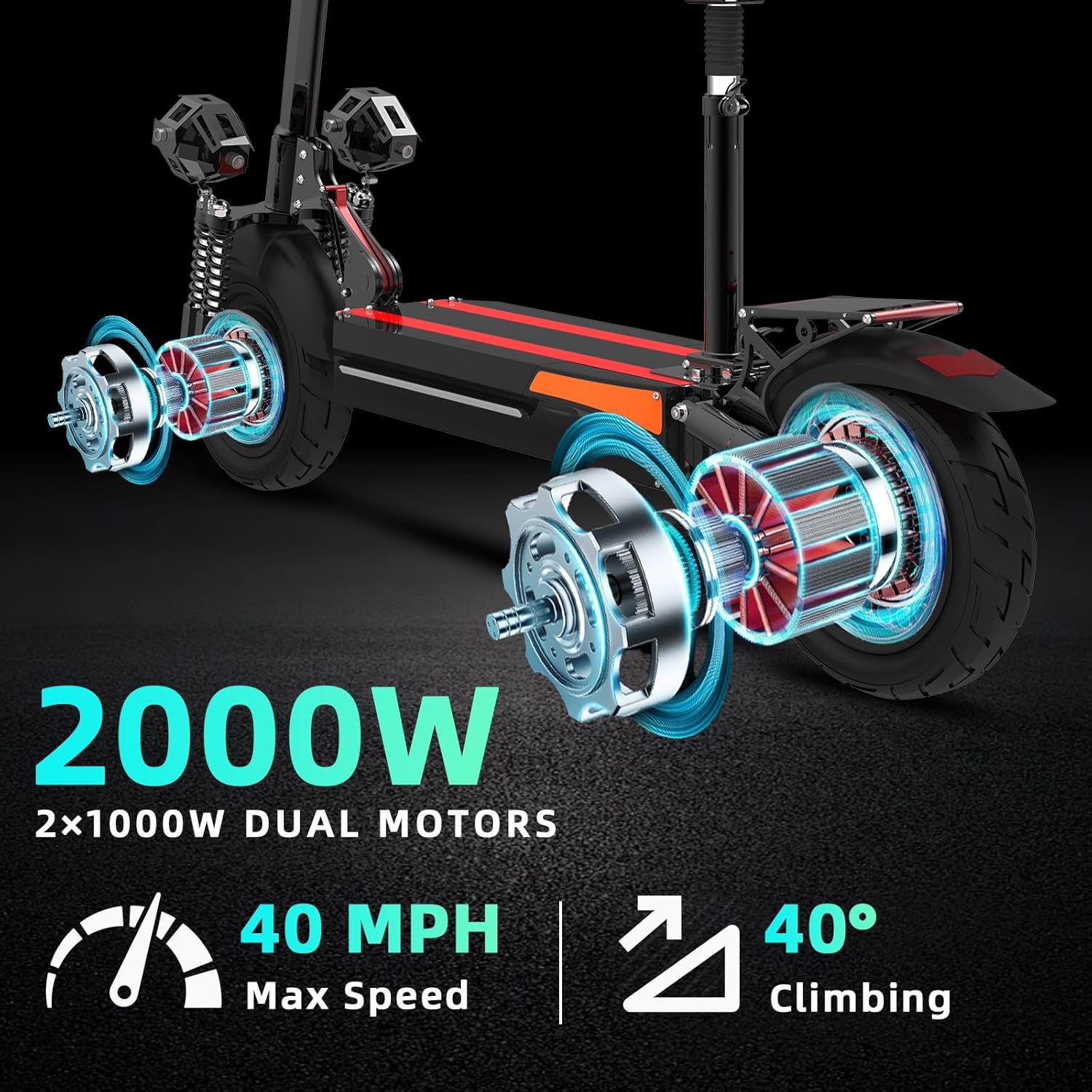 X500 Electric Scooter, 48V 2000W Dual Motor, Max 40 MPH & 40 Miles Long Range, 300 lbs Max Load, Full Suspension, Foldable E Scooter for Adults with Seat