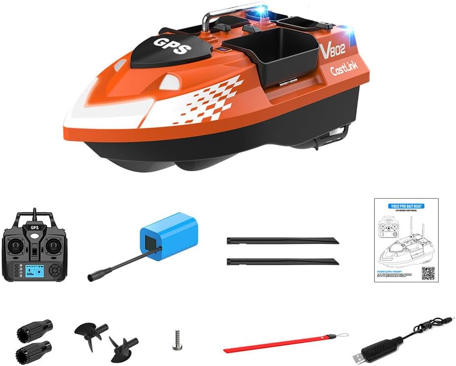 V802PRO GPS RC Bait Boat with 4 Compartments & 3KG Capacity, 500M Remote Control, Auto-Correction & Night Fishing Lights, Professional River Fishing Equipment for Adult Anglers