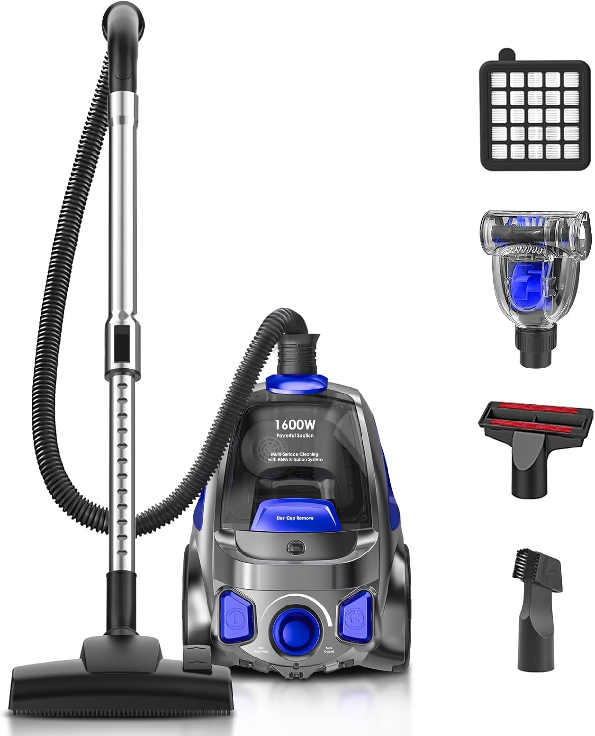 PKUYIE Canister Vacuum Cleaner, 32Kpa 1600W Cyclon Power, Dust Full Indicator, Double HEPA Filters, 3.7Qt Large Capacity, Lightweight Vac for Hard Floors, Carpets, Pet Hair, Blue
