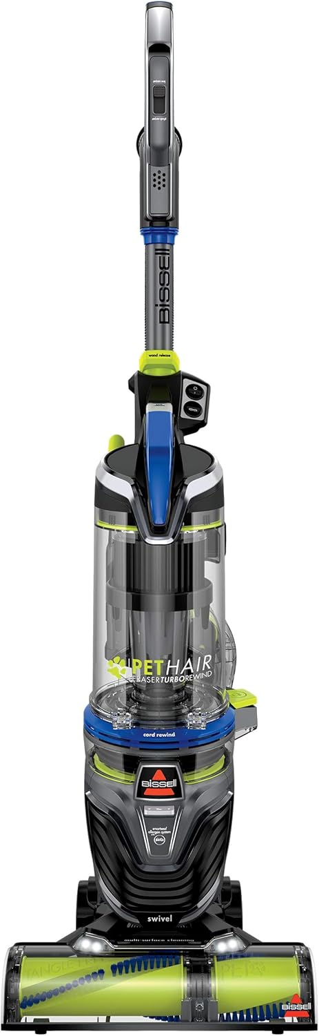 Bissell Pet Hair Eraser Turbo Rewind Vacuum, Lightweight, Automatic Cord Rewind, Tangle-Free Brush Roll, Headlights, Powerful Pet Hair Pickup, SmartSeal Allergen System, Blue, 27909