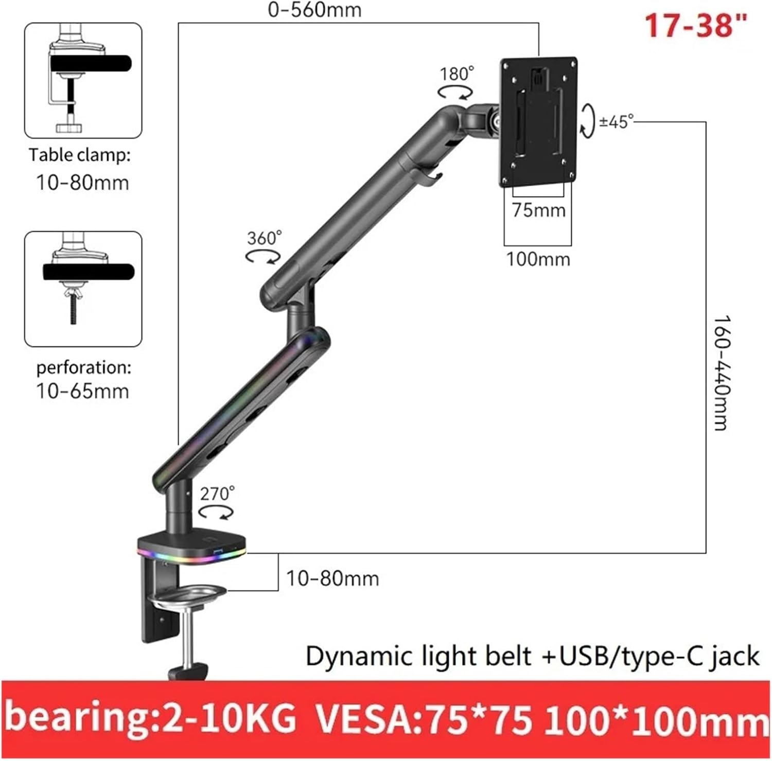 Monitor Desktop Stand 17-38 Inch with Light Strip and USB/Type-C Port, Single-Arm Air Spring Stand Base, Computer Desktop Stand, White A8(A8B USB type-C)