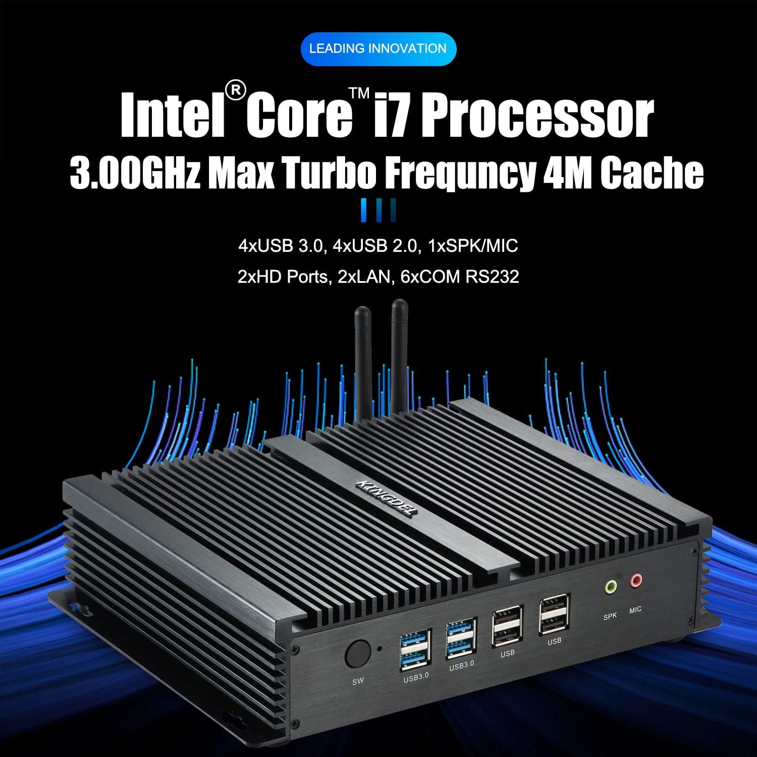 KINGDEL Fanless Mini Desktop PC, Industrial Computer with Core i7 CPU, 8GB RAM, 256GB SSD, 2xNICs, 2xHD Ports, 4xUSB 3.0, 6xCOM RS232, WiFi, Full Metal Case, Silent Working