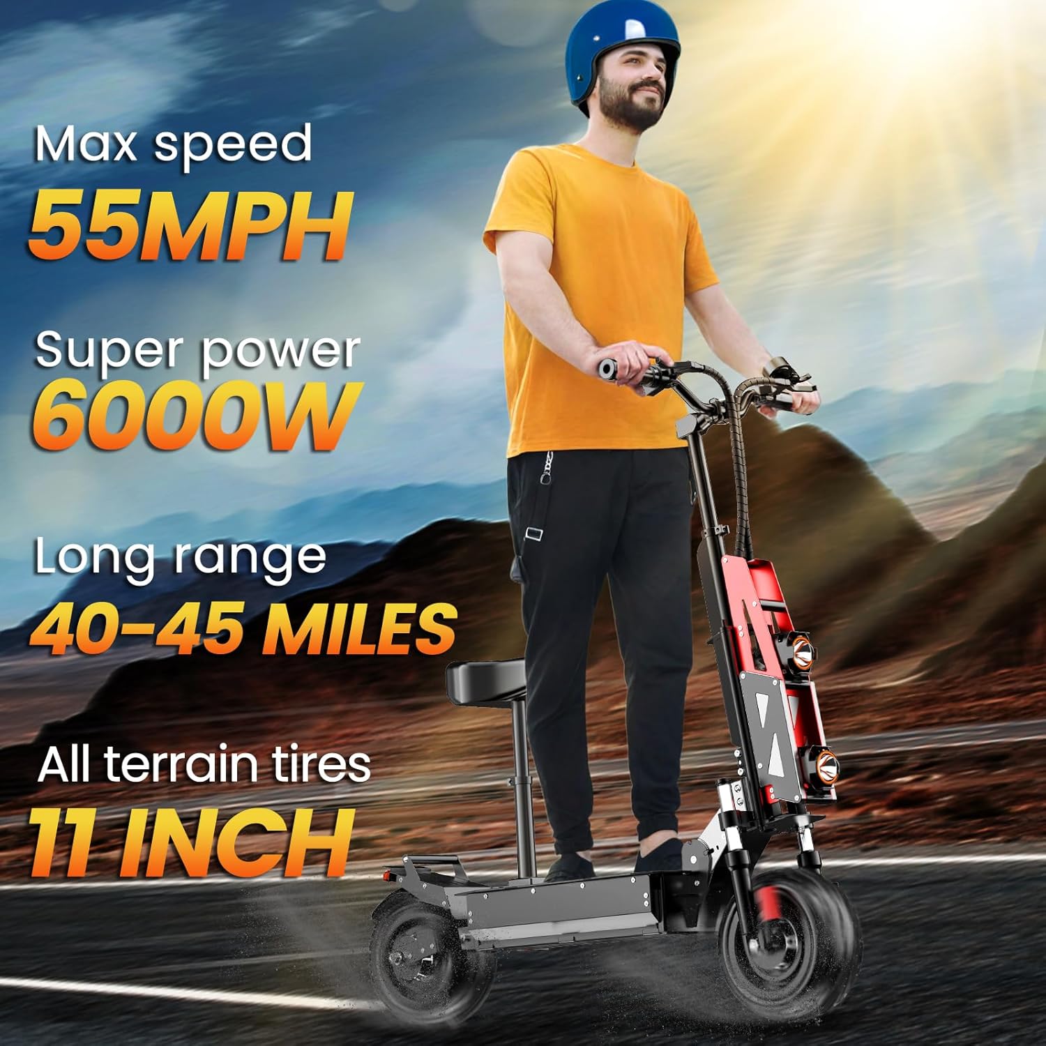 Electric Scooter Adults 60V 6000W Dual Motor Fast Folding Scooter with 3-Speed Variable Top Speed 60 mph Range 55 mph Off-Road 11' Tires with Seat Maximum Load 800 lbs Dual Drive Brakes Commuter Bike