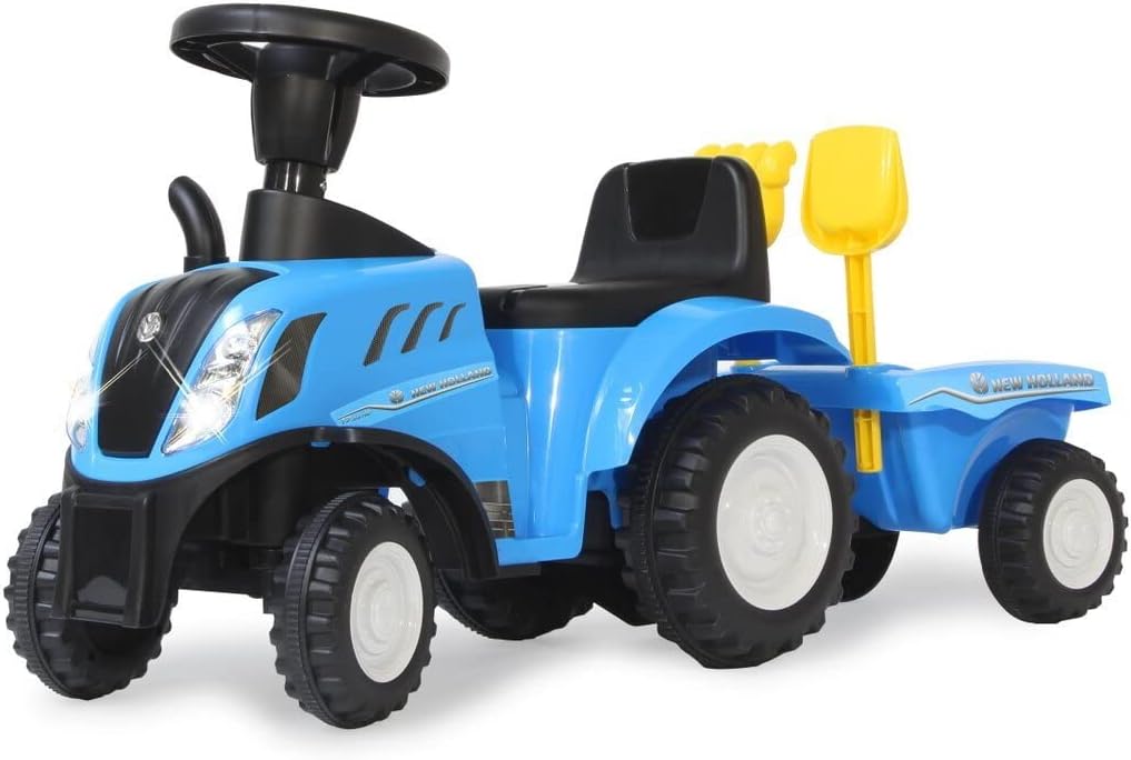 Rutscher New Holland T7 Tractor - from 12 Months, Seat Height 270 mm, Tilt Protection, Faithful Look, Trailer with Shovel and Rake, LED Light