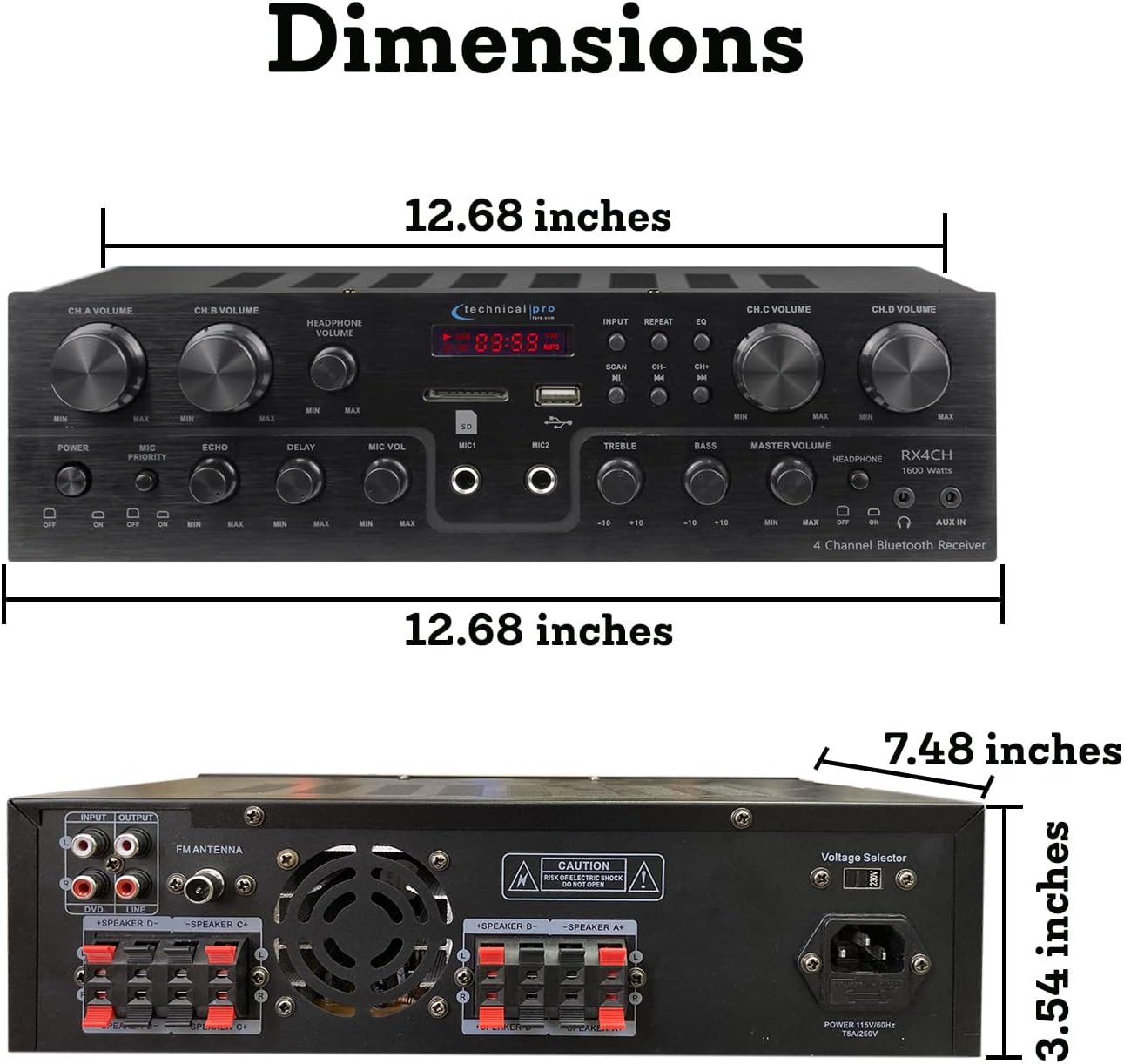 Technical Pro 4 Channel 1600 Watts 8 Speaker Bluetooth Home Theater Receiver System w/ 4 Pairs of 5.25 Ceiling Wall Mount 2-Way Mid Bass Woofer Ceiling Speakers - Home Theater Kit