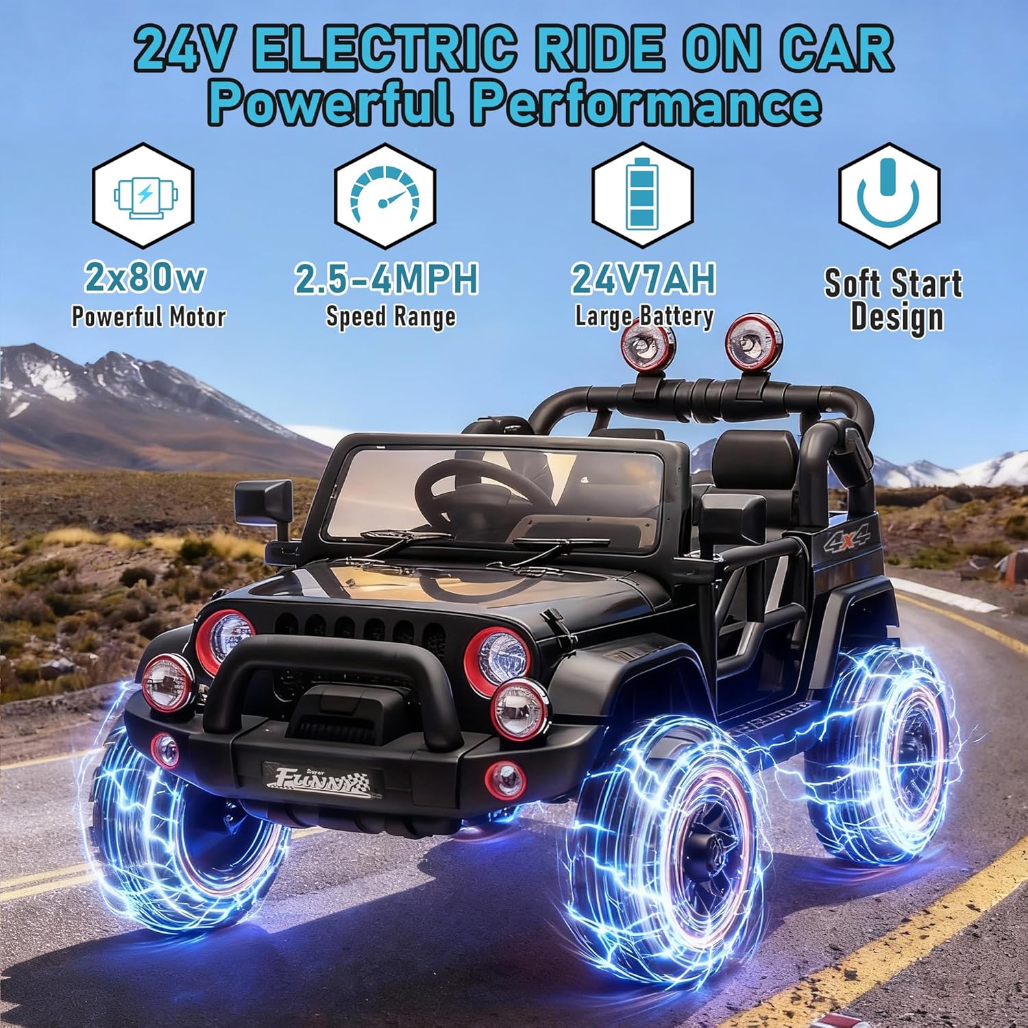 24V 2-Seater Ride On Car for Kids Ages 3-8 – Dual Motor Electric Vehicle with Remote Control, LED Lights, Bluetooth & USB Music, Slow Start, Safe & Durable (Black)