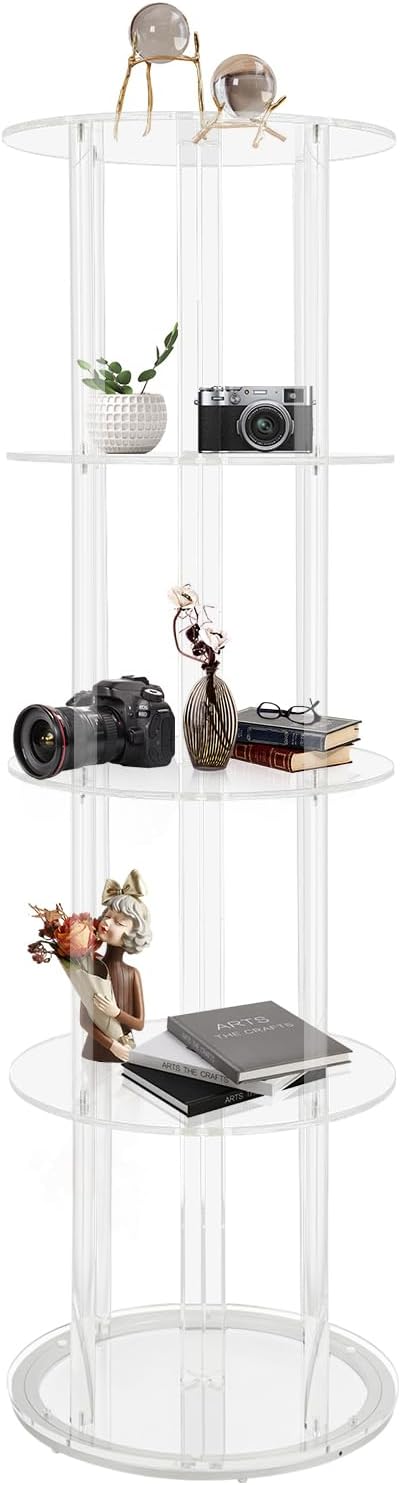 Fifizoo 360° Acrylic Rotatable Bookshelf for Adults and Kids, 5-Tier Round Clear Bookcase, Swivel Floor Standing Bookcase for Display, 15.75“ D x 15.75” W x 55.12