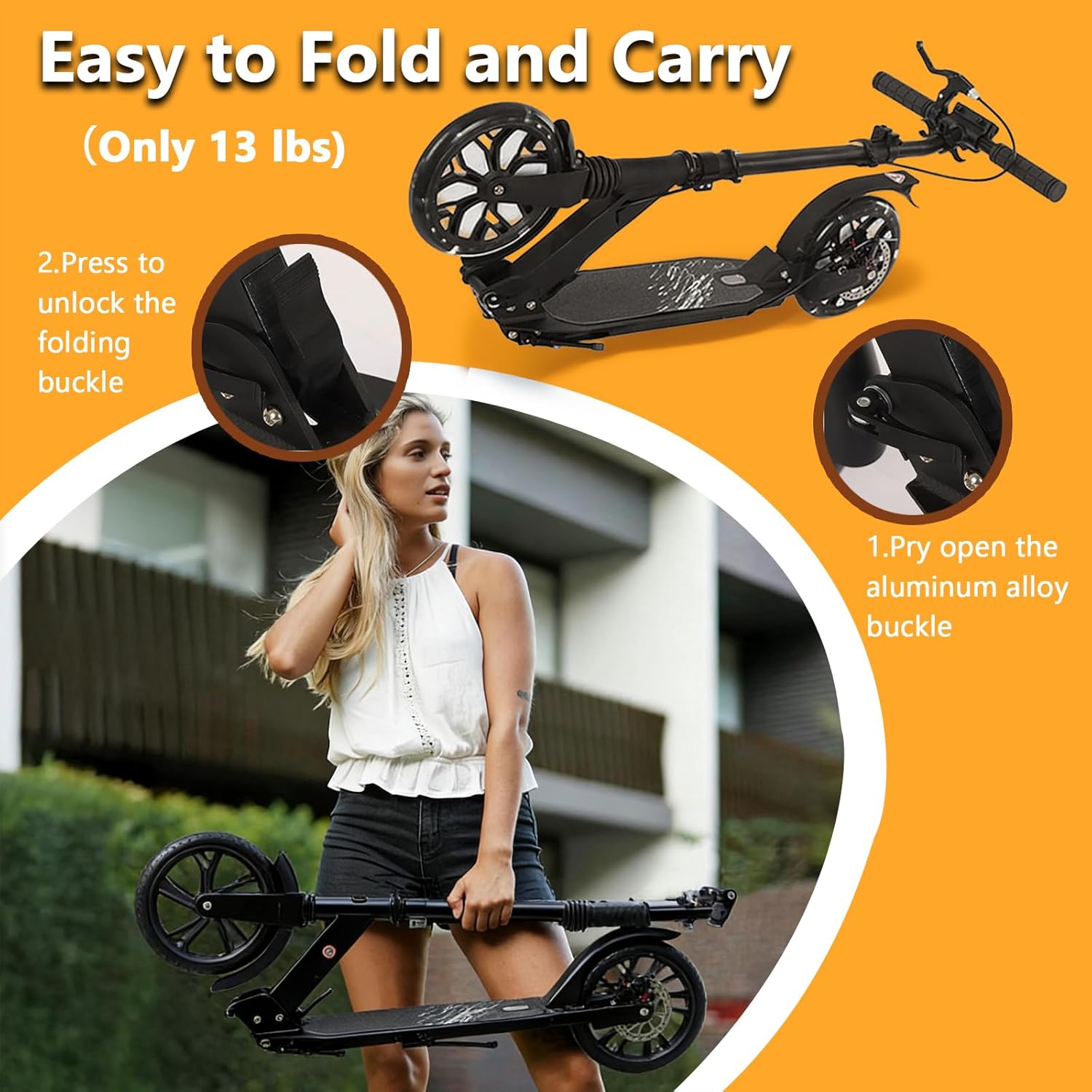 Kick Scooter for Ages 13+, Teens and Adults. Led Light Up Wheels, 4 Levels Adjustable Handlebar, Dual Brakes, Anti-Slip Pedal, Foldable 8in Big Wheels for Kids (300lbs)