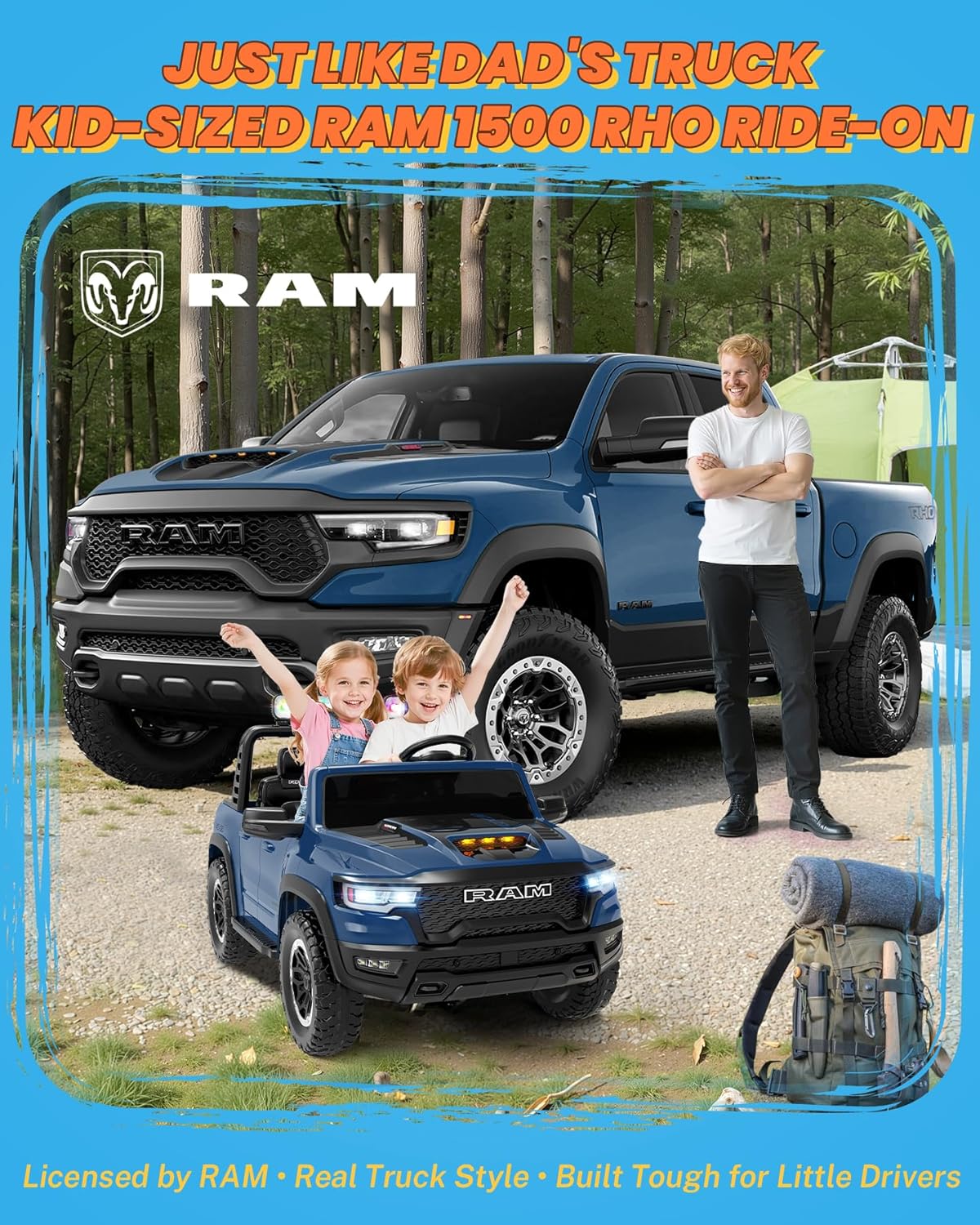 ENYOPRO 24 Volt Ride on Toys for Boys, Licensed RAM 1500 RHO 2 Seater Electric Car w/Remote Control, Kids Electric Vehicles w/Working Truck Tailgate, Spring Suspension, Bluetooth, LED Lights (Blue)