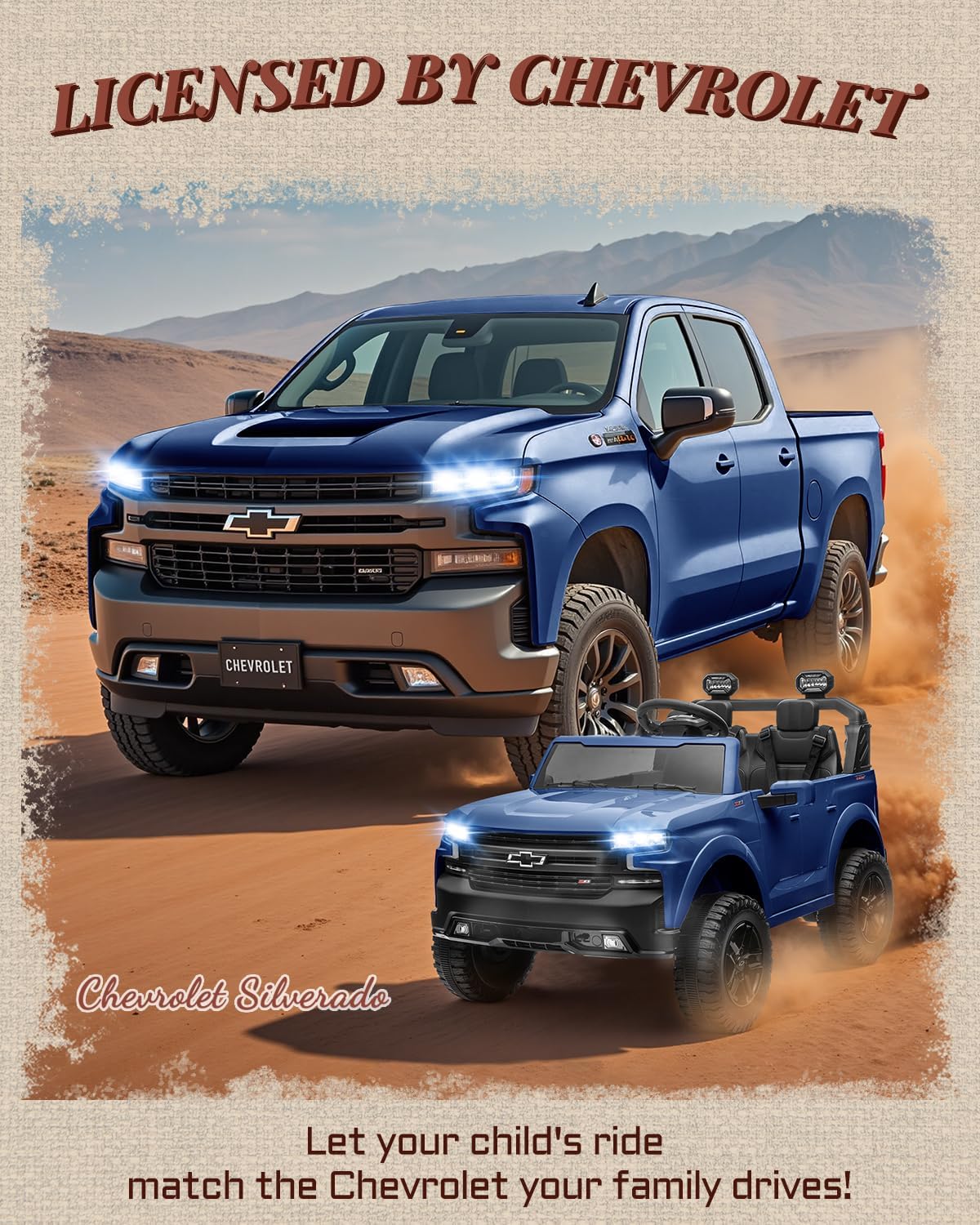 First Ride On 24V 2 Seater Ride on Toys Licensed Chevrolet Silverado, Electric Vehicle with Remote Control and Seat Belts, Electric Ride On Truck wtih Trunk, Bluetooth and LED Lights (Blue)