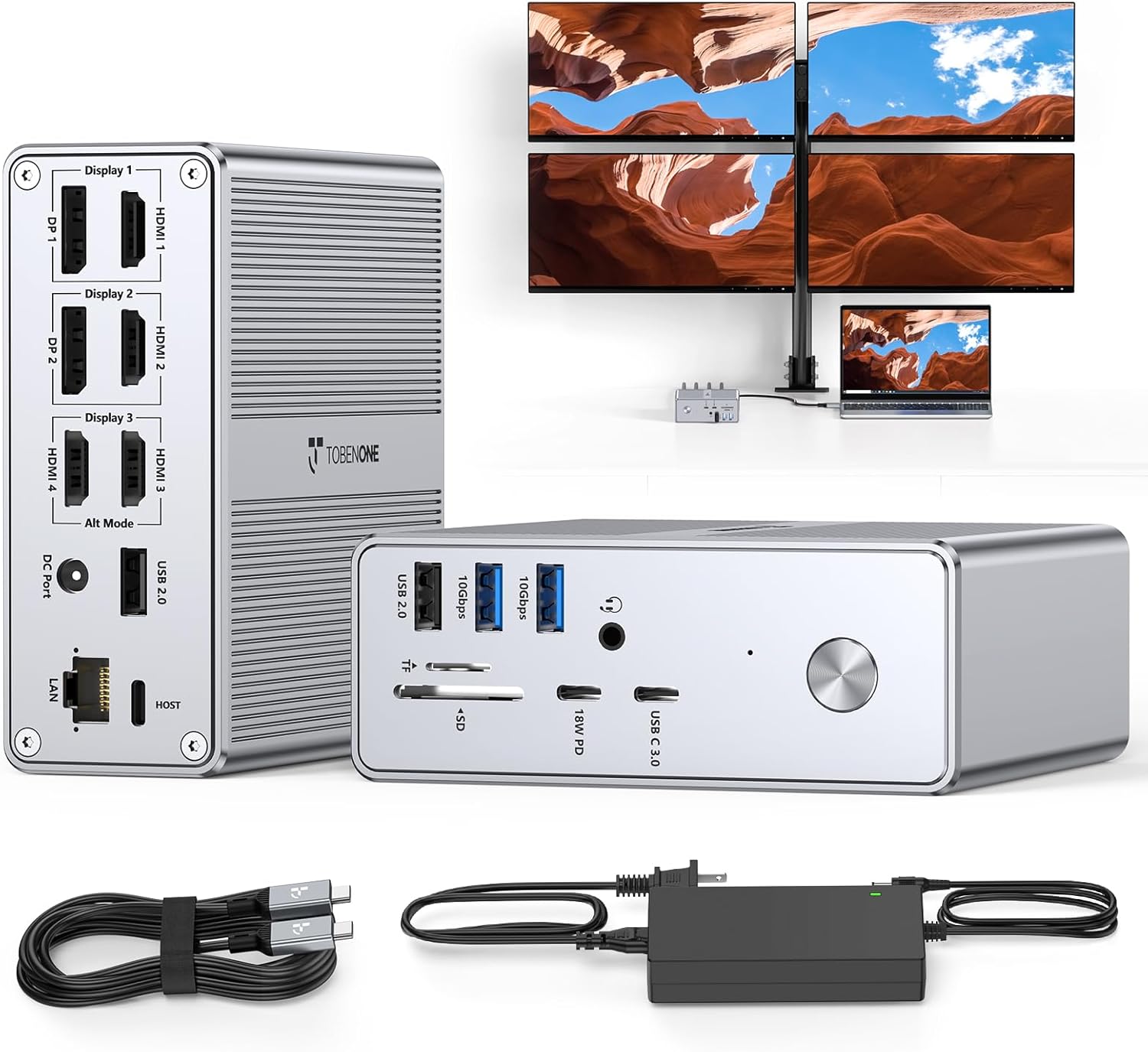 TobenONE Quad Monitor Docking Station with 4 HDMI, 18-in-1 DisplayLink Docking Station with 120W Charger, Dock for Thunderbolt 4/3 Laptops, USB-C Windows, MacBook(4 USB, 2 USB-C, Ethernet,SD/TF,Audio)