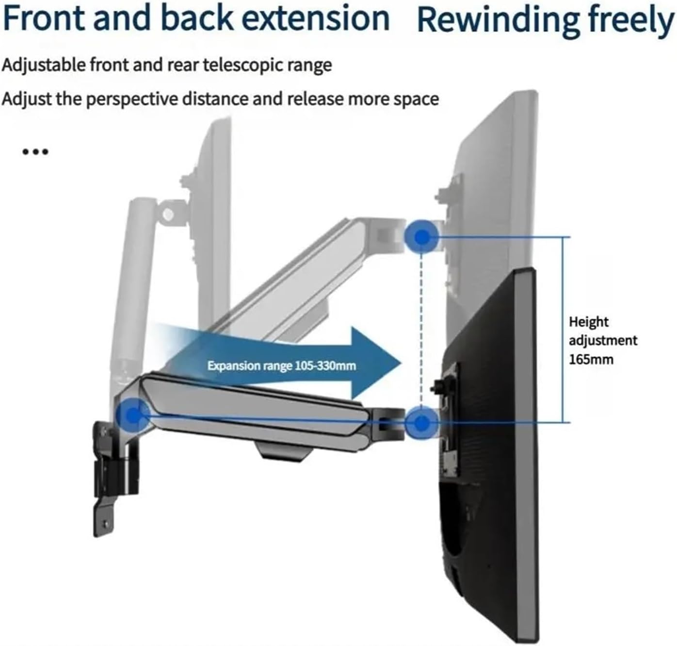 Wall-mounted monitor arm for 10-36 inch screens, 12kg load capacity, adjustable spring pressure arm, swivel and tilt wall mount