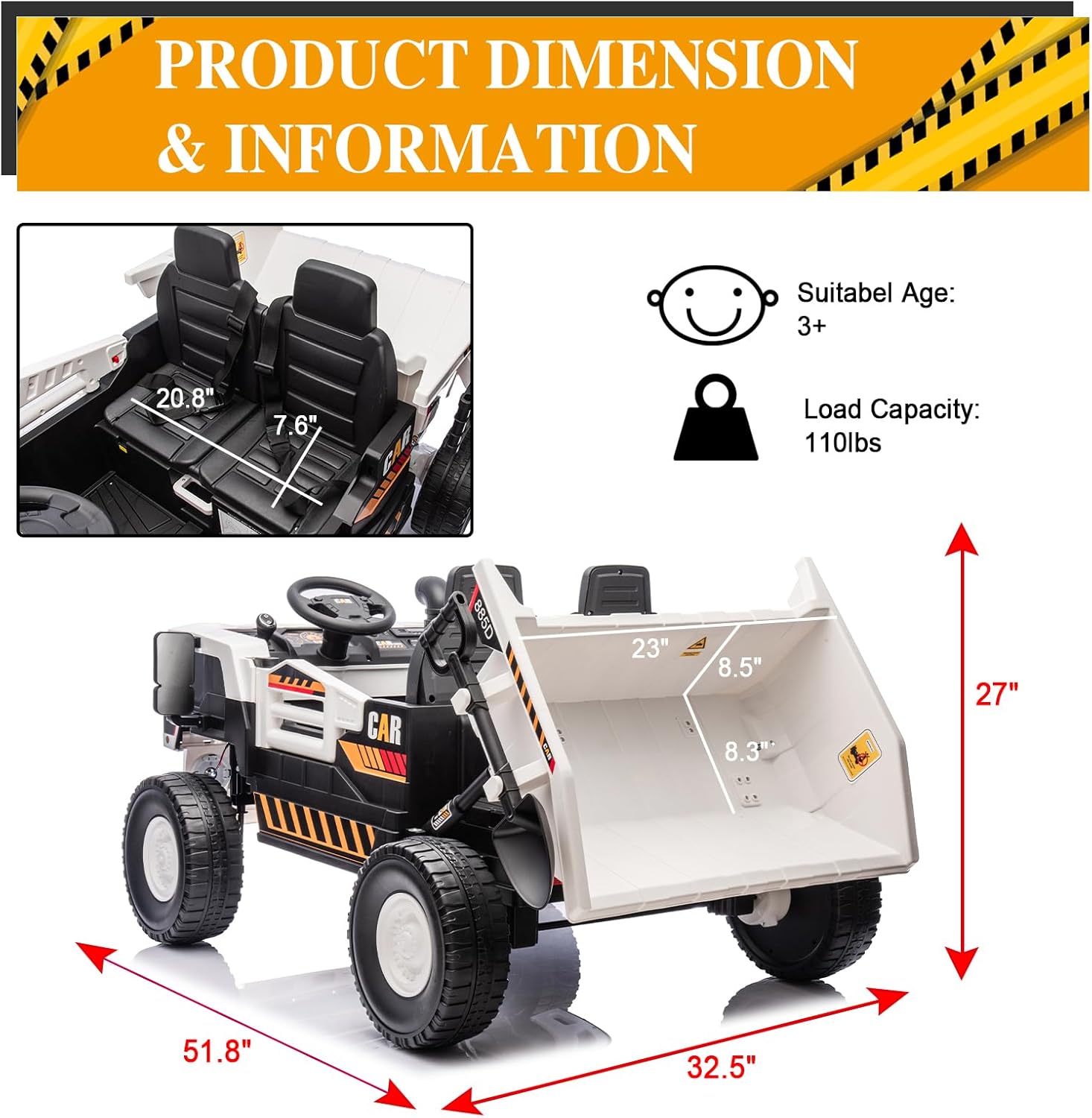 FINITO 24V XL Electric Vehicle,2-Seater 4WD Ride On Toys,Ride On Car with Remote Control, Electric Dump Bed, and Extra Shovel,Up to 5 Mph， The Best Gifts for Boys and Girls(White)