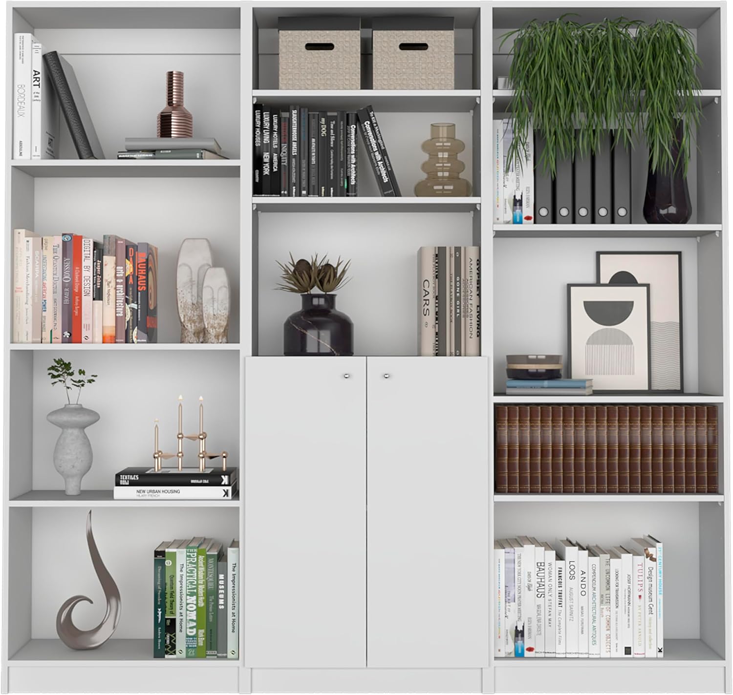 agnixnaf White Bookshelves Set of 3 with 9 Shelves, Lower Double Door, Rectangular Bookcase, Modern, for Office, Bedroom, Living Room, Study Room