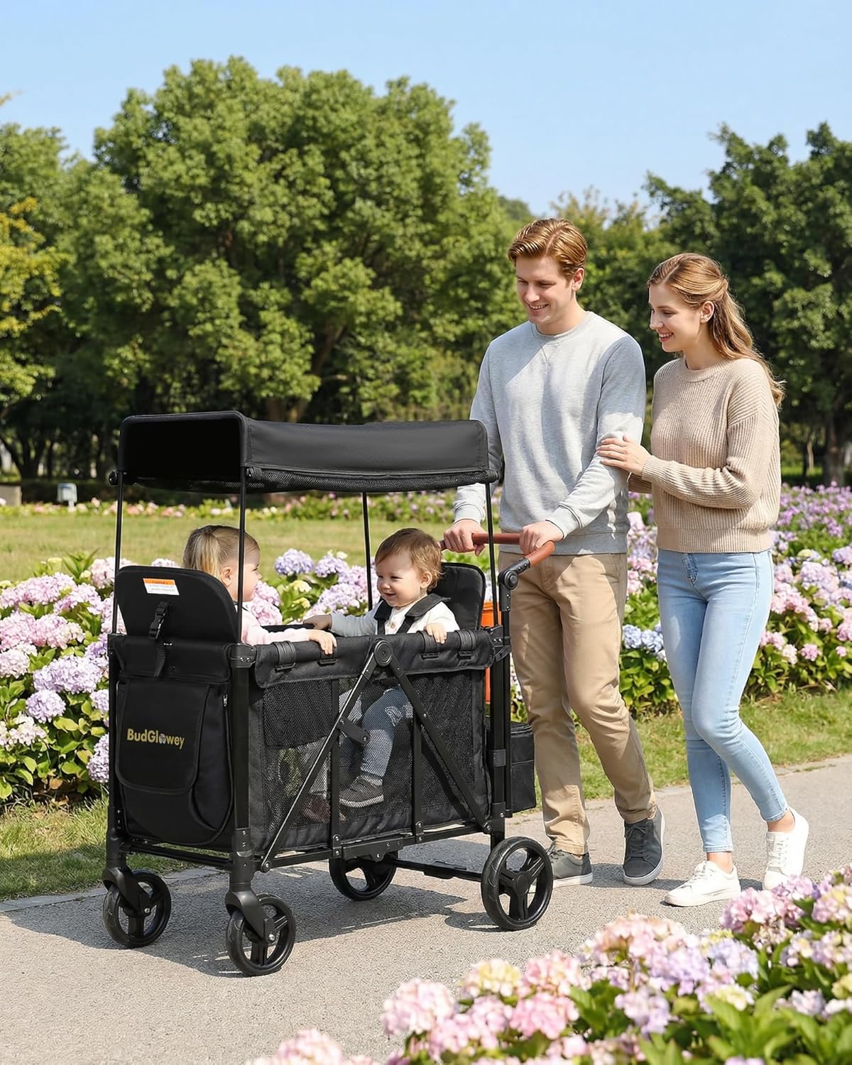 Stroller Wagon with Adjustable Handle Includes Canopy & Organizer, Foldable and Convenient for Storage (Black)
