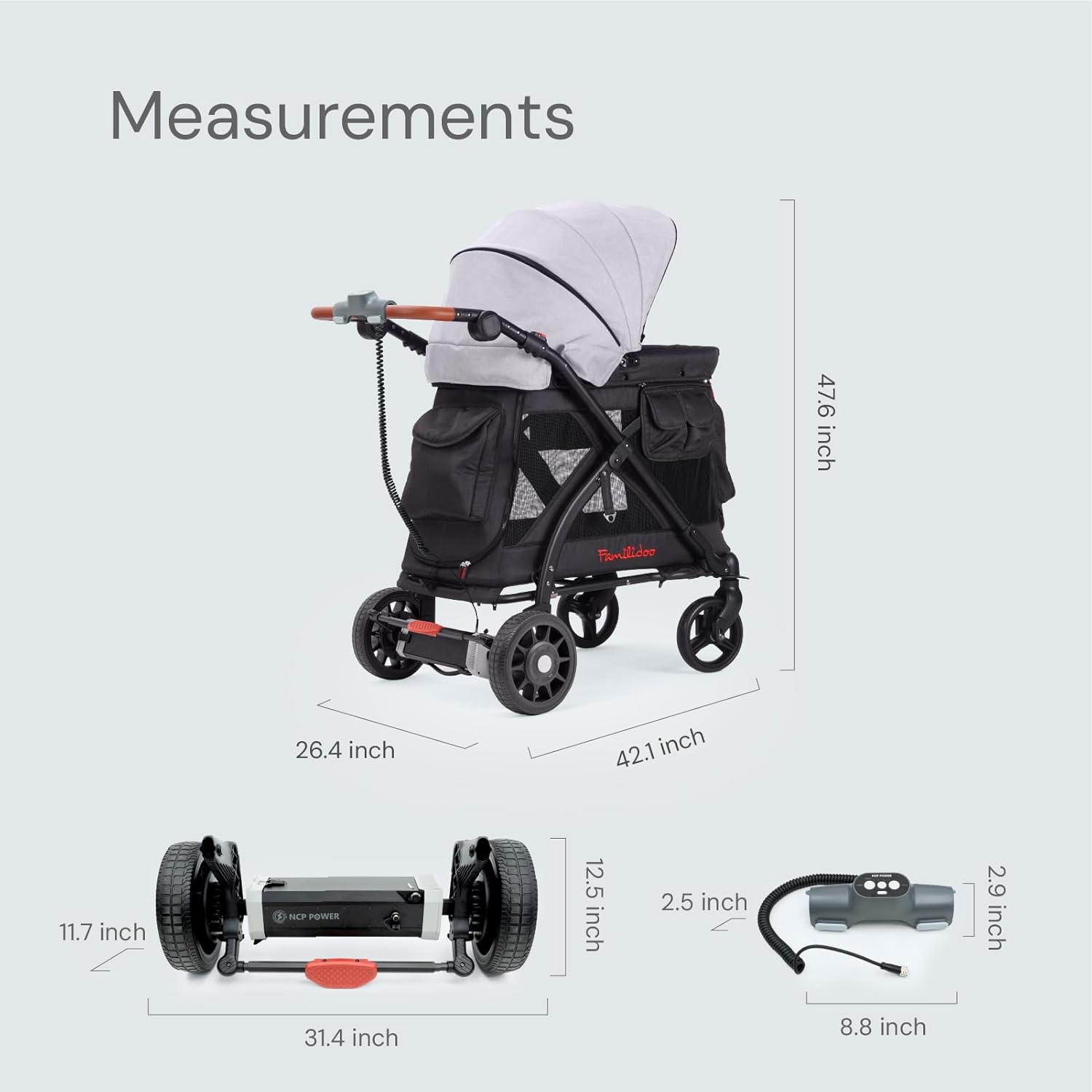 Familidoo Chariot Mini with Electric Stroller Wagon – Multi-Function Stroller Features, Removable Bassinet, 5-Point Safety Harness, Zipable Doors & Mesh Panels (Gray)