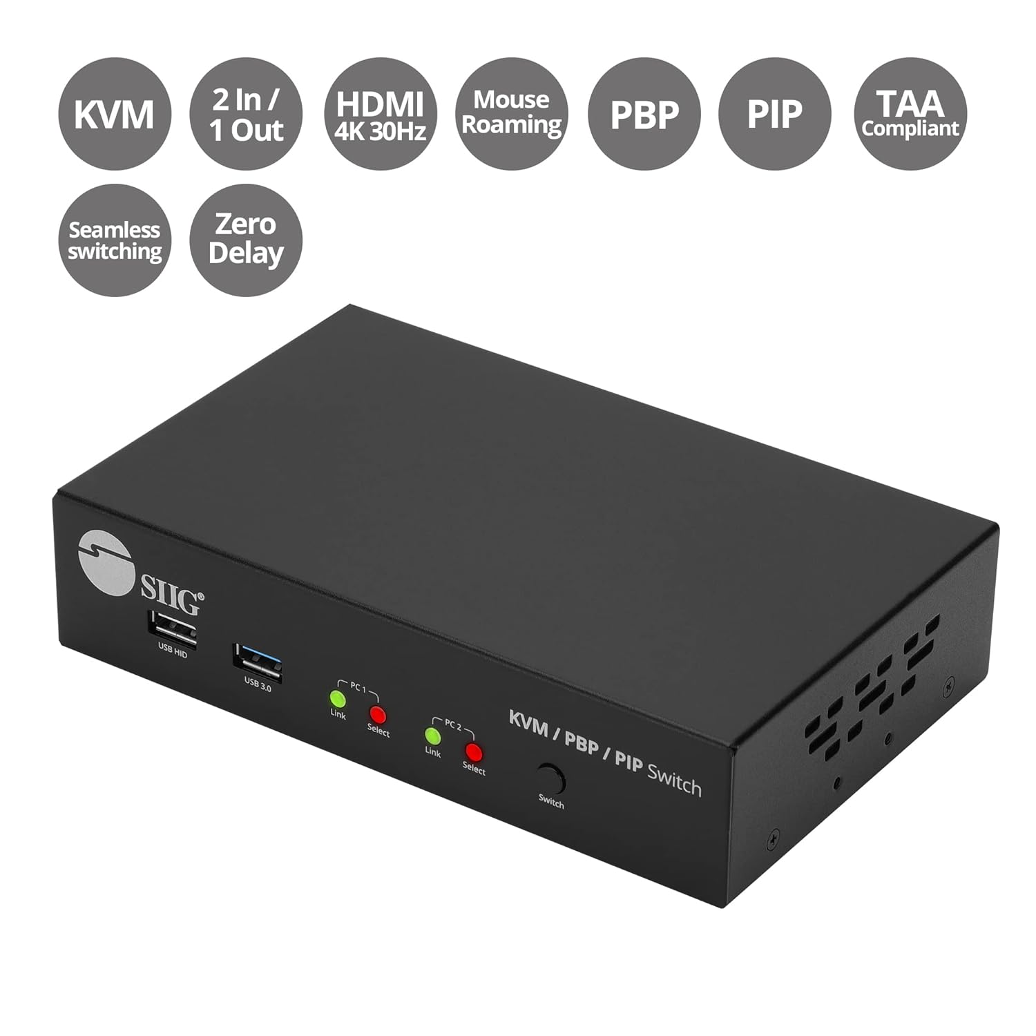 SIIG 2-Port 4K KVM Switch HDMI with Picture-by-Picture (PbP) Mouse Cursor Roaming and Picture-in-Picture (PiP) Image for 2 Computers, Support Windows and Linux, TAA Compliant (CE-KV0G11-S1)
