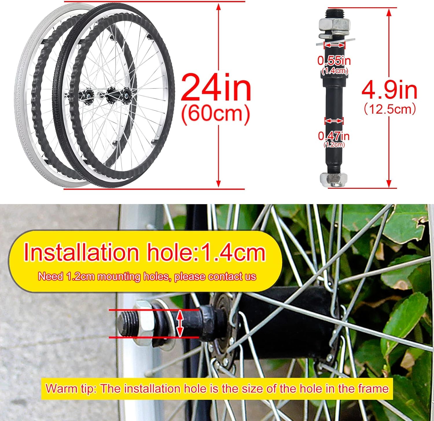 Wheelchair Replacement Wheels 2 Pack, 24 Inch Non-Pneumatic Solid Wheelchair Rear Wheel, Non-Slip Puncture Proof Wheelchair Caster Assembly, with Mounting Rod (Color : Greys, Size : 24inch(6