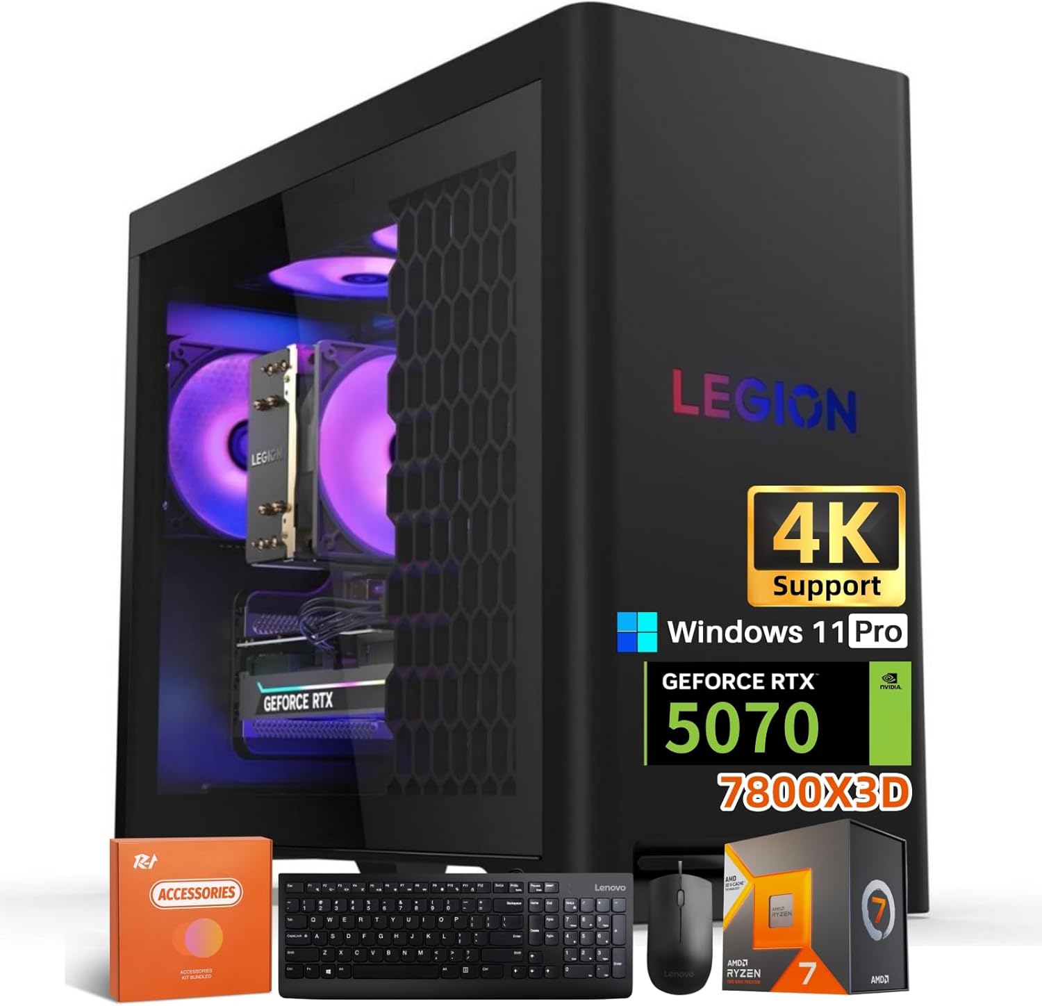 Lenovo Legion T5 Gaming Desktop Computer PC, AMD Ryzen 7 7800X3D, NVIDIA GeForce RTX 5070 12GB GDDR7, 64GB DDR5 5600MT/s, 8TB SSD, 2TB HDD, WiFi 6E, Whisper-Quiet Cooling, Windows 11 Pro, Accessories