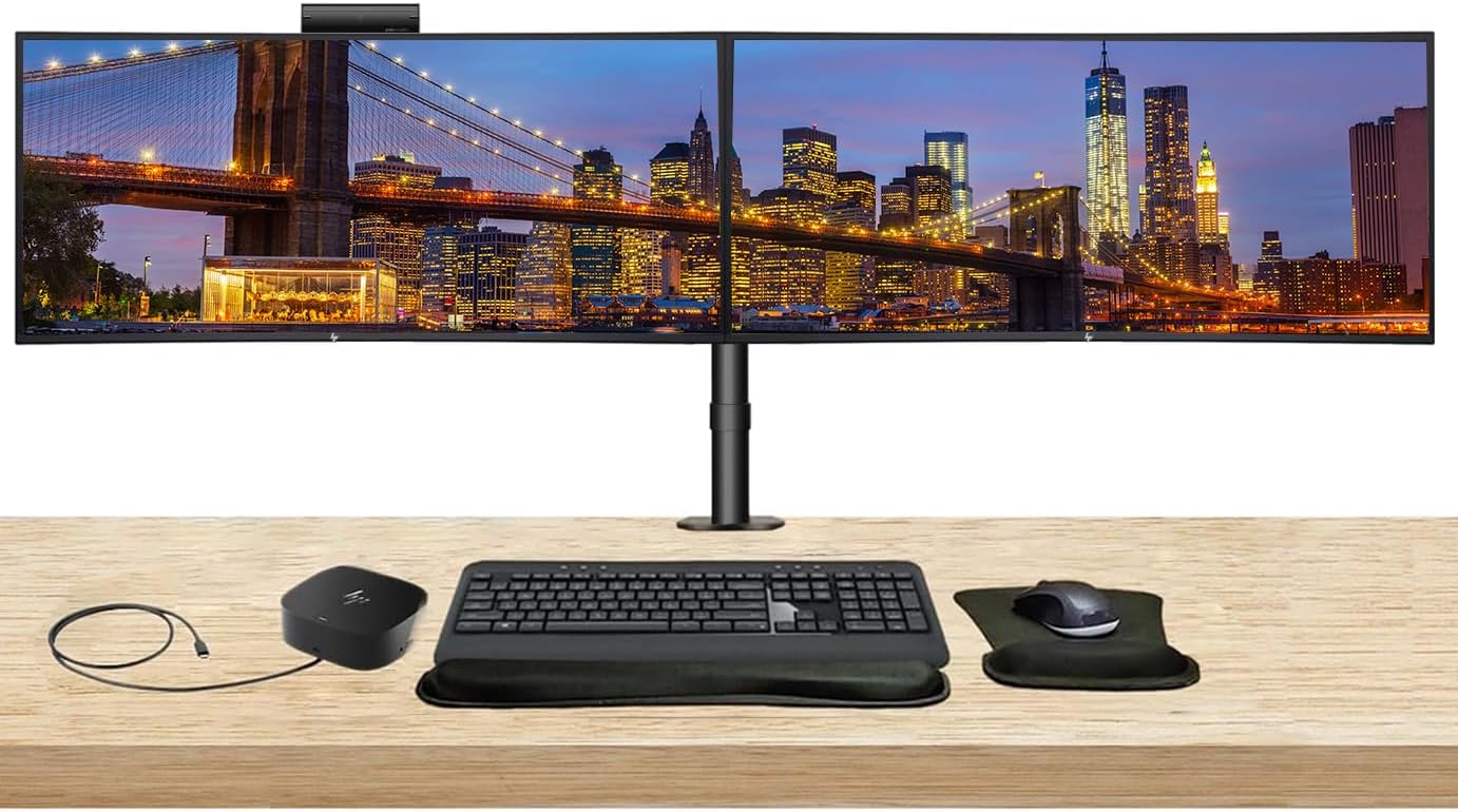 HP Series 5 Pro 34-inch 534pm Curved 2K WQHD Conferencing Monitor 2-Pack Bundled with Desk Mount Stand, USB-C Multiport G5 Dock, MK540 Wireless Keyboard & Mouse, Gel Mouse & Wrist Pad