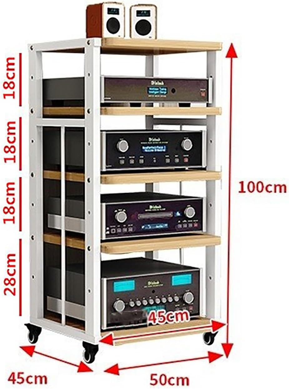 Modern Audio-Video Media Stand with Height Adjustable Wooden Shelf and Mobile Wheel Media Storage Cabinet Storage for Entertainment Stereo Components for Living