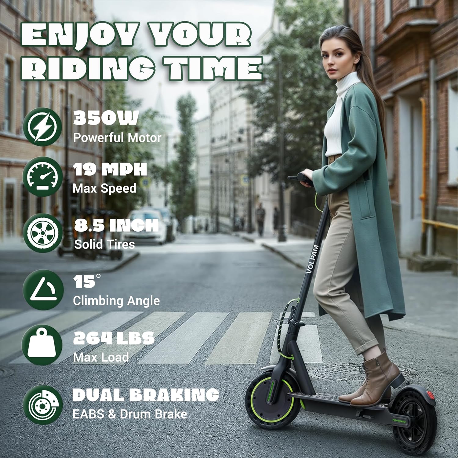 VOLPAM Electric Scooter Adult, 19 MPH & 15 Miles Range, 350W Motor, 8.5