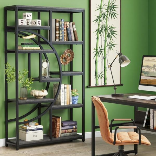 Orixforce Geometric Bookcase with 9 Shelves, Board and Metal Frame – Tall Storage Shelf for Living Room, Bedroom, or Home Office (Rustic Gray and Black)