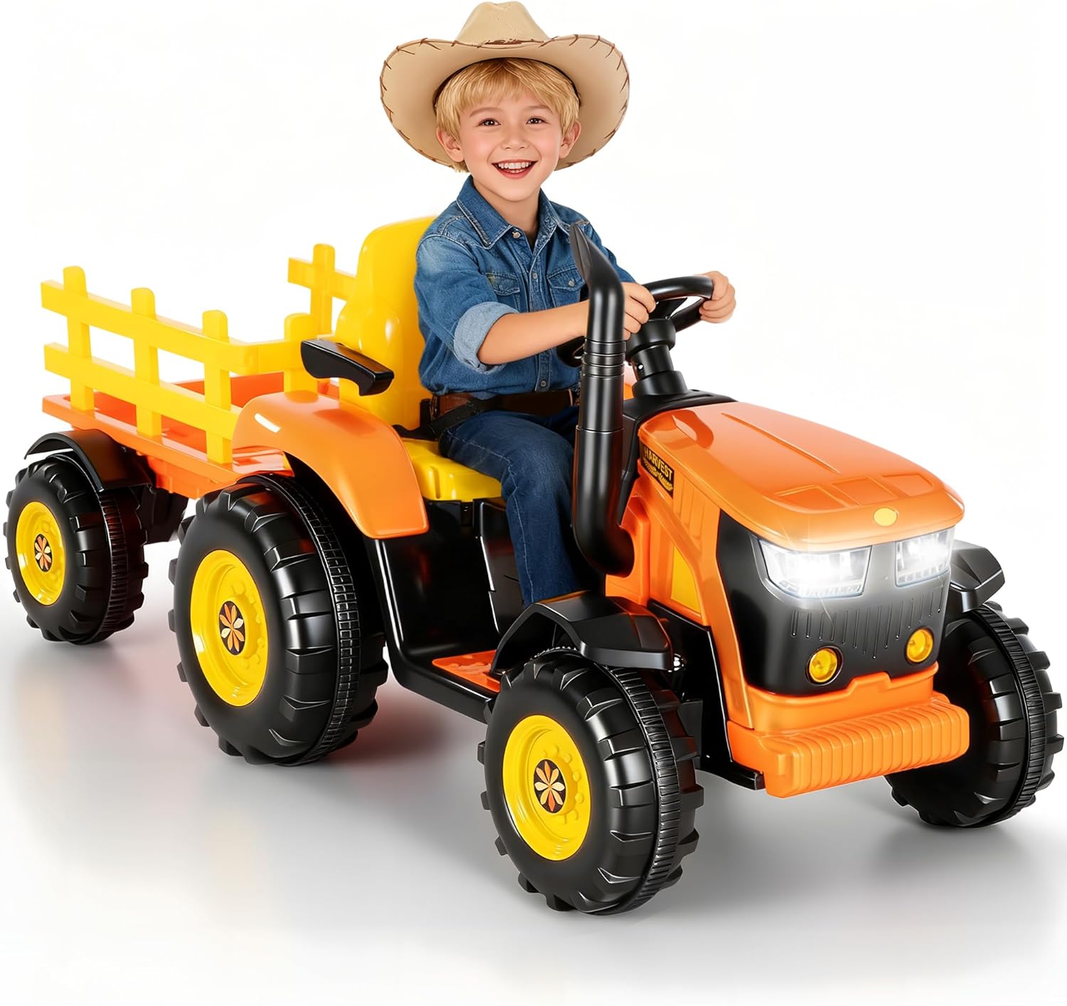 24V Kids Ride On Tractor with Detachable Trailer, Electric Power Wheels Tractor Remote Control for Toddlers Big Kids Ages 3+,Safty 3-Speed,2x80W Motors,Adjustable Armrest,Headlight Music