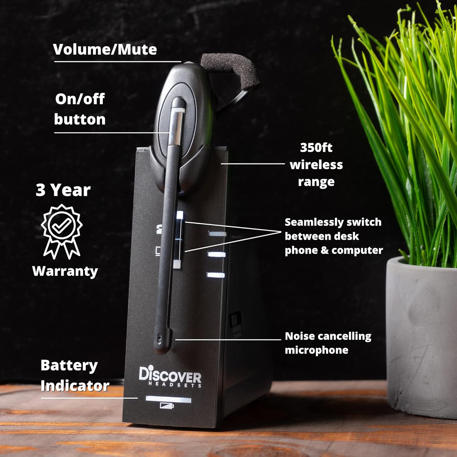 Discover D904 Convertible DECT Wireless Office Headset System with Unlimited Talk Time for Professionals- Works with PC/Mac and Desk Phone- 3 Year Warranty