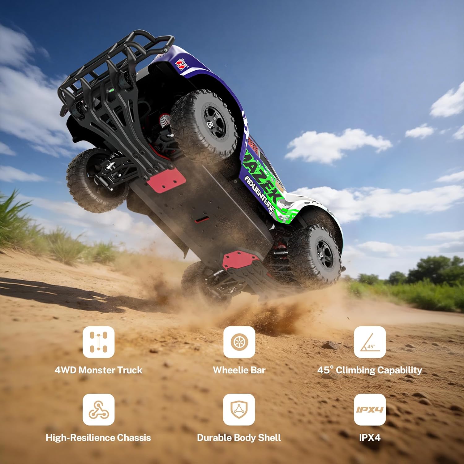 Hosim 1/10 Scale Brushless RC Cars for Adults Fast 62+ MPH, MAZEK 4x4 Off-Road Electric Remote Control Monster Truck, RTR with 3S Lipo Battery, 100A ESC, Waterproof Racing Buggy Blue