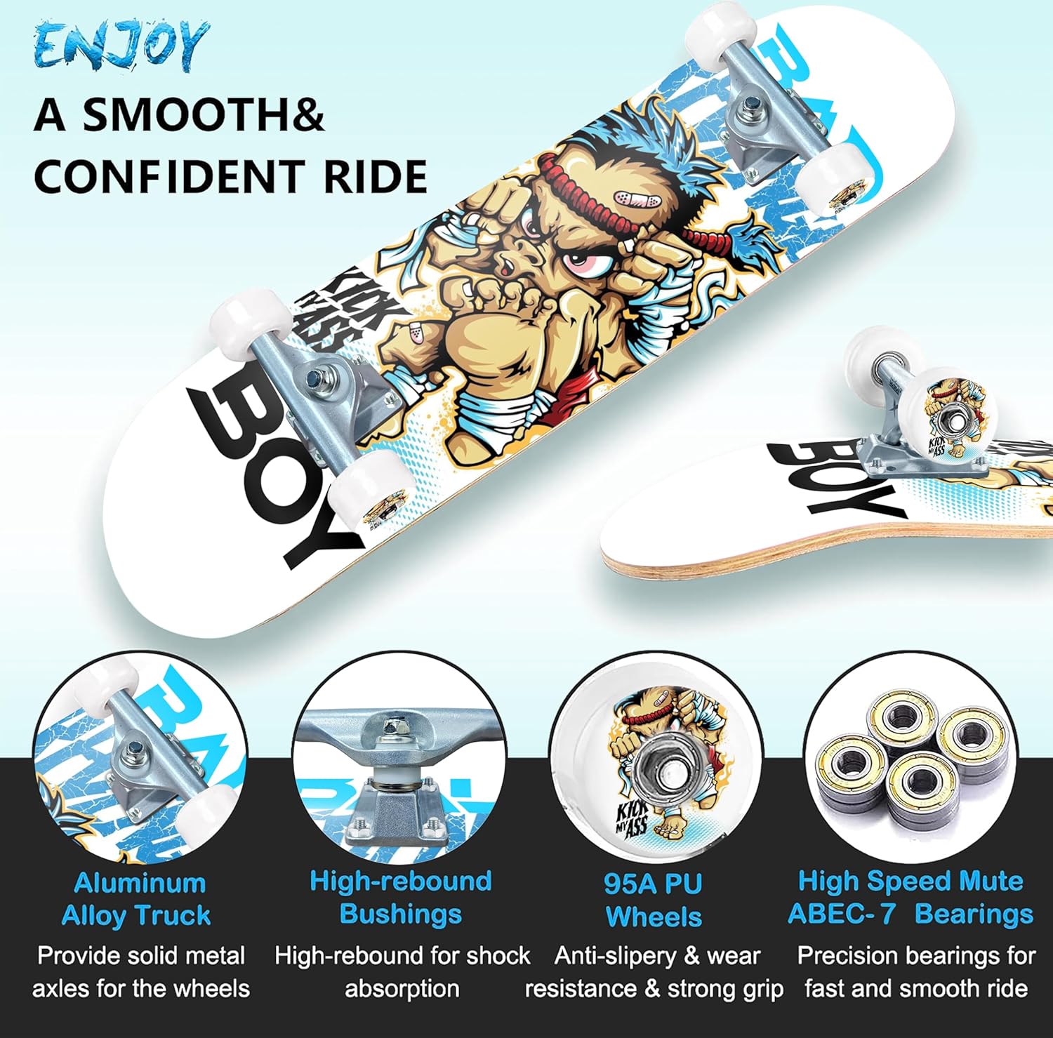 Jaspo Street King Skateboard for Adults & Kids - 7-Layer Canadian Maple Wood Deck, 31