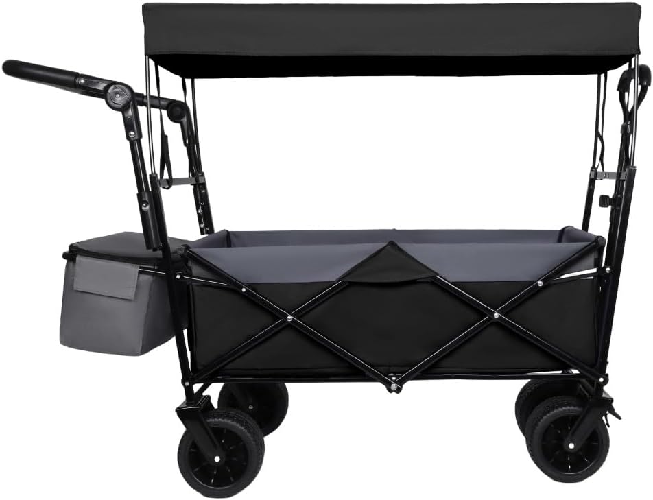 Heavy-Duty Foldable Wagon with All-Terrain Wheels, Push-Pull Handle, Removable Canopy, Large Capacity for Camping, Garden, Shopping & Outdoor Use (Black + Steel)