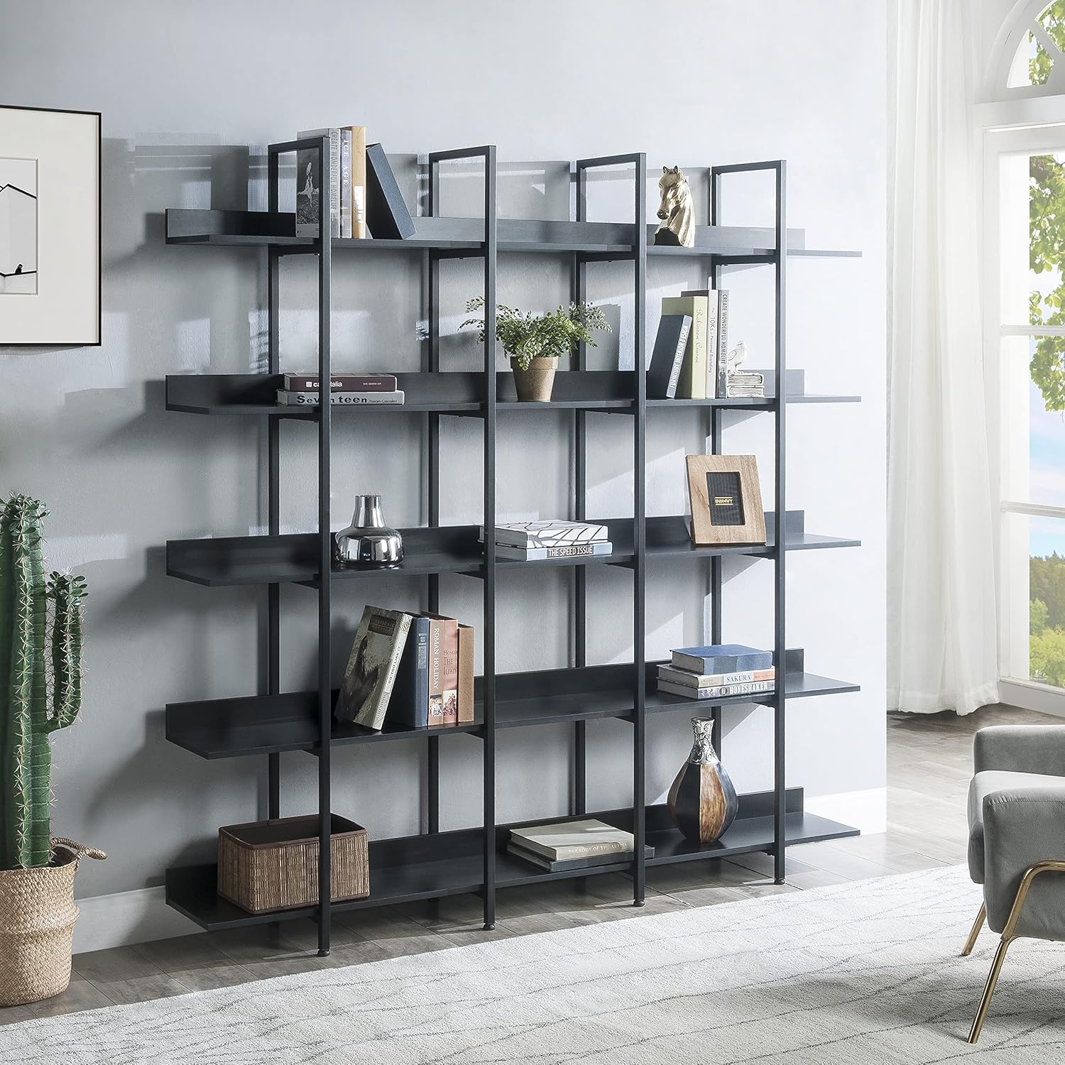 roomfitters 5-Tier Bookcase for Home Office, Open Bookshelf with MDF Board and Industrial Metal Frame, Vintage Look, Black