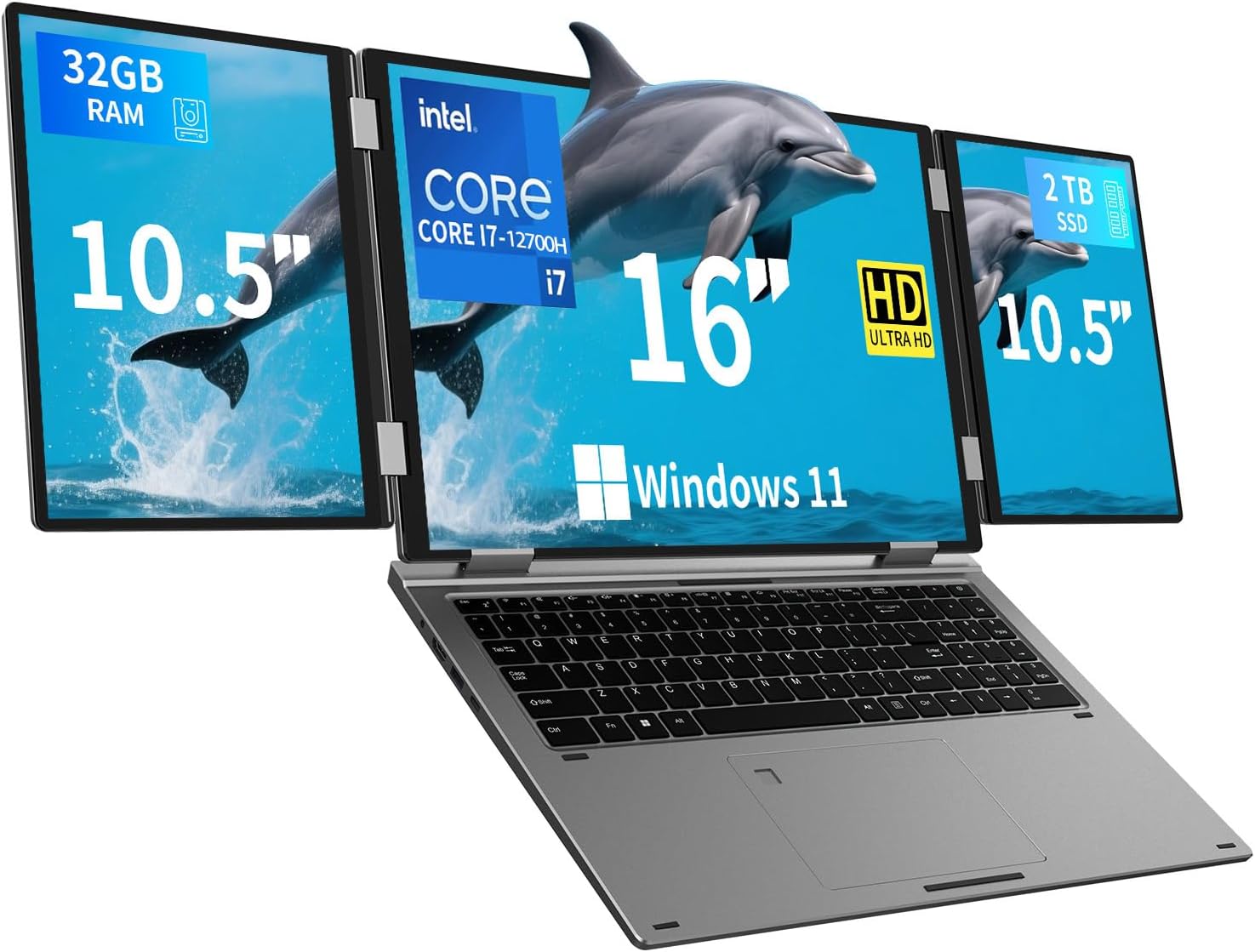 Triple Screen Laptop,16” Main + Dual 10.5” Monitors, Core i7-12700H, 32GB RAM,2TB SSD, Win 11 Pro,Wi-Fi 5,BT 5.0,Face & Fingerprint Unlock,USB-C,HDMI for Business/Design/Stock Trading