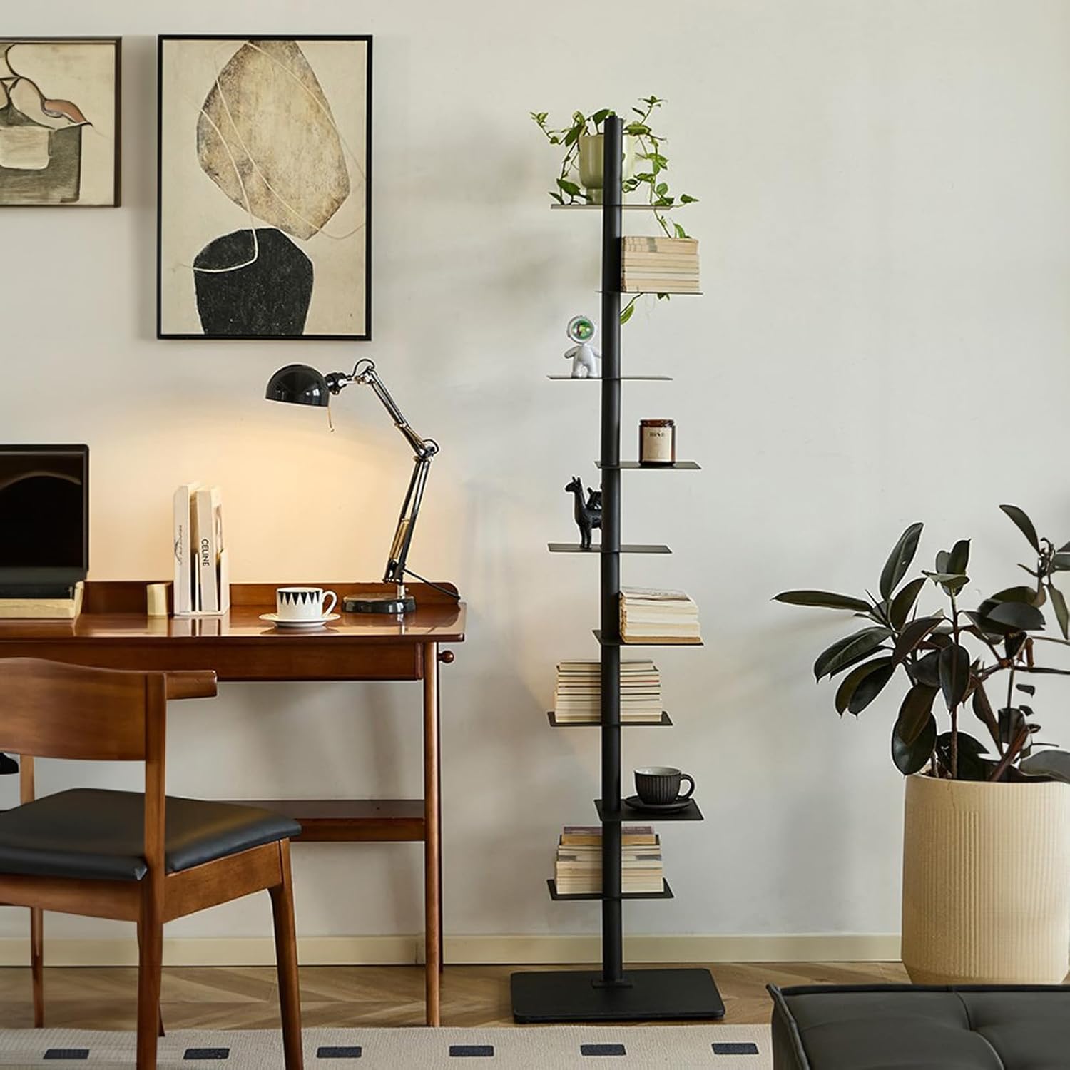 9-Tier Metal Spine Bookshelf Tower, Open Floor Standing Bookshelf, Tall Vertical Bookcase, Invisible Floating Bookshelf, Display Shelf Storage Rack for Small Space(Black)