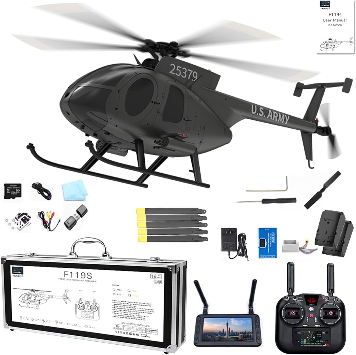 F119S MD500 6-Axis Gyroscope RC Helicopter with Flybarless Rotor Head, 6G/3D Switchable Modes Openable Cockpit - Remote Control Helicopter RTF for Beginner & Adults(Black,with Camera)