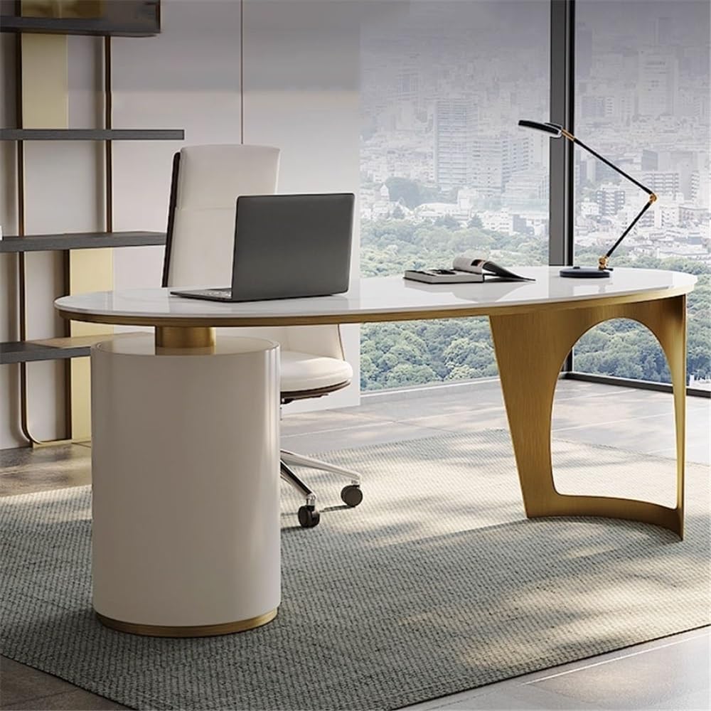 Computer Desk Modern Study PC Desk with Storage, High Gloss Rock Slab Writing Workstation with Stable Frame and 3 Drawers Work from Home(M)