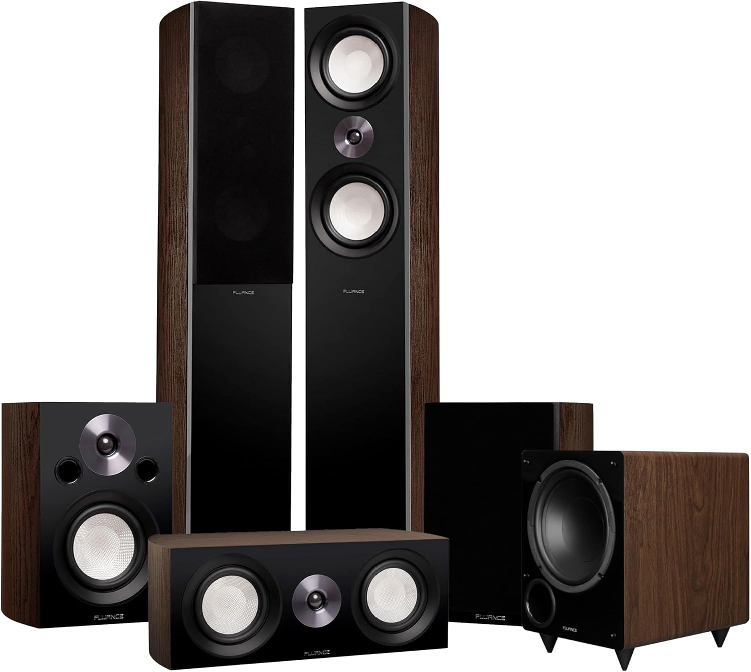 Fluance Reference Surround Sound Home Theater 5.1 Channel Speaker System Including 3-Way Floorstanding Towers, Center Channel, Bookshelf Surrounds and DB10 Subwoofer - Natural Walnut (X851WR)