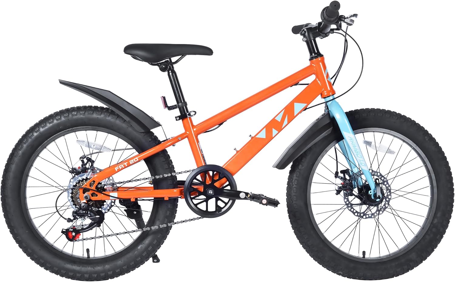 20x3.0 Fat Tire Kids Mountain Bike Snow Bike Beach Bike for 7-10 Years Old Steel Frame Disc Brake Bike 7 Speeds, Orange&Blue