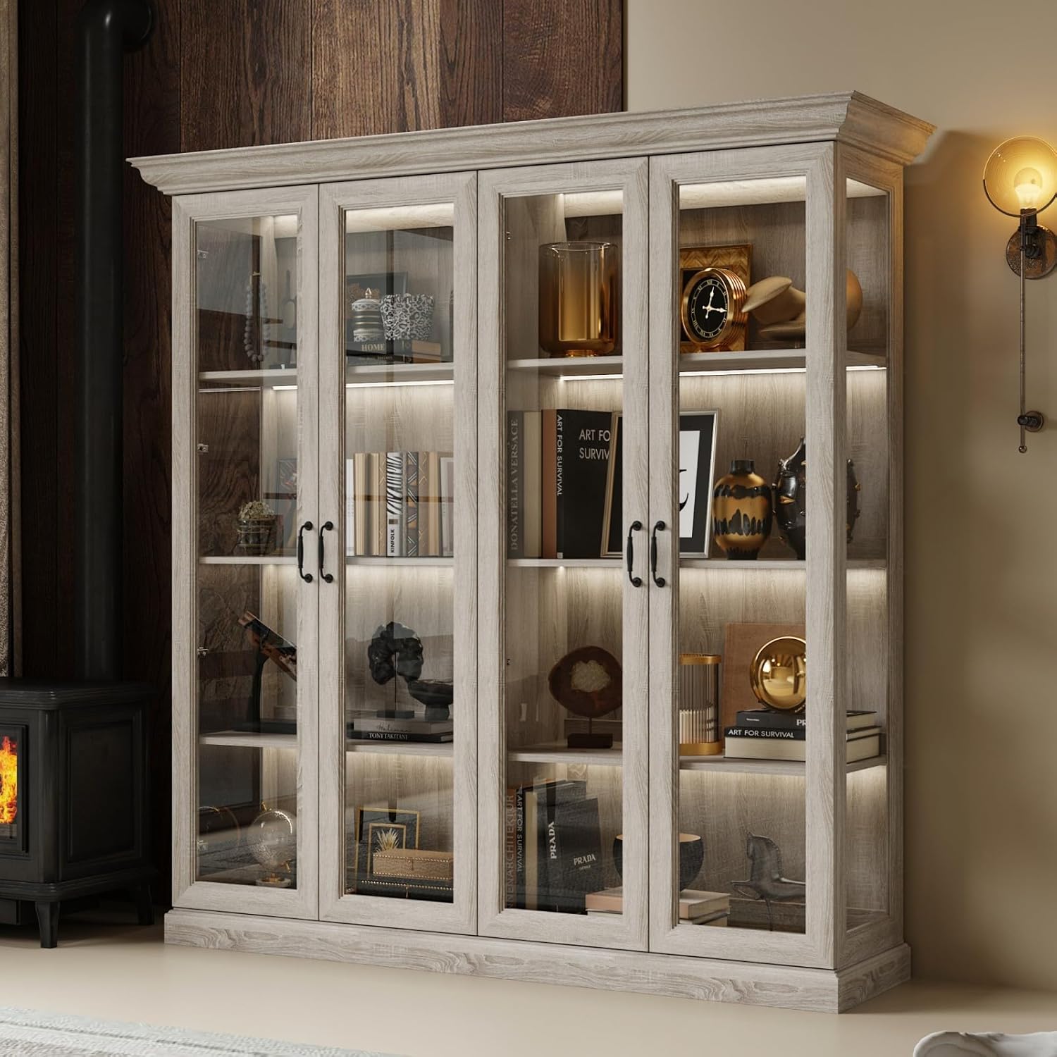 TAMUNE Display Cabinet with Lights, Bookcase Display Case Cabinet with 4 Glass Doors and 4-Tier Shelves, for Collectible, Grey Wood Grain 18.7