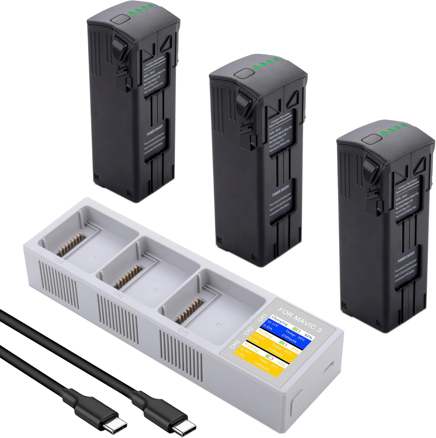 3-Pack for Mavic 3 Intelligent Replacement Battery and 3-Channel Fast Charger Hub Compatible with DJI Mavic 3/3 Cine/ 3 Pro / 3 pro Cine/ 3 E/ 3 Classic, Upgraded LCD Display Charger, 5000mAh 15.4V